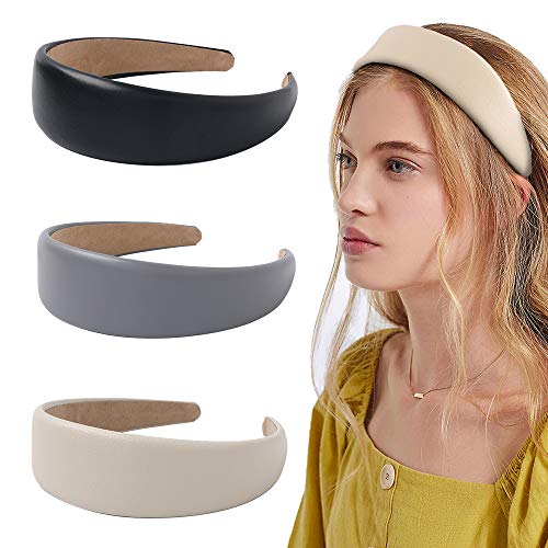 Women's Fashion Headbands - 3 Pack Wide Leather Hair Bands | Soft PU Hair Accessories for Girls & Women | Classic Black & Rich Soft Grey | Perfect for Workouts, Yoga, and Everyday Styling