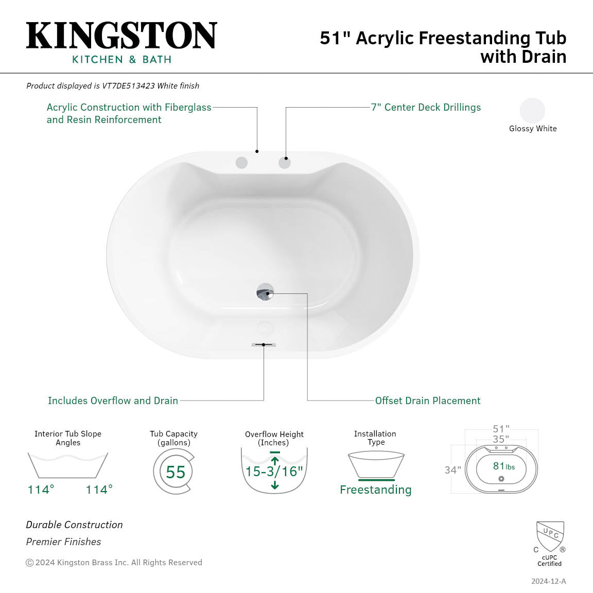 Aqua Eden VT7DE513423 51-Inch Freestanding Acrylic Bathtub - Oval Double-Ended Soaking Tub with Drain, Glossy White Finish for Luxury Bathroom & Spa Relaxation