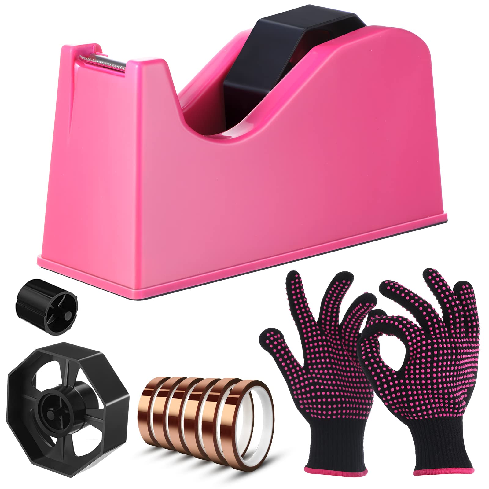 9-Piece Sublimation Heat Tape Dispenser Set with 2 Heat-Resistant Gloves & 6 Non-Slip Tapes - Weighted Desktop Base for Office & Home Crafting (Rosy) - Perfect for T-Shirt Printing, Mug Pressing & DIY Sublimation Projects