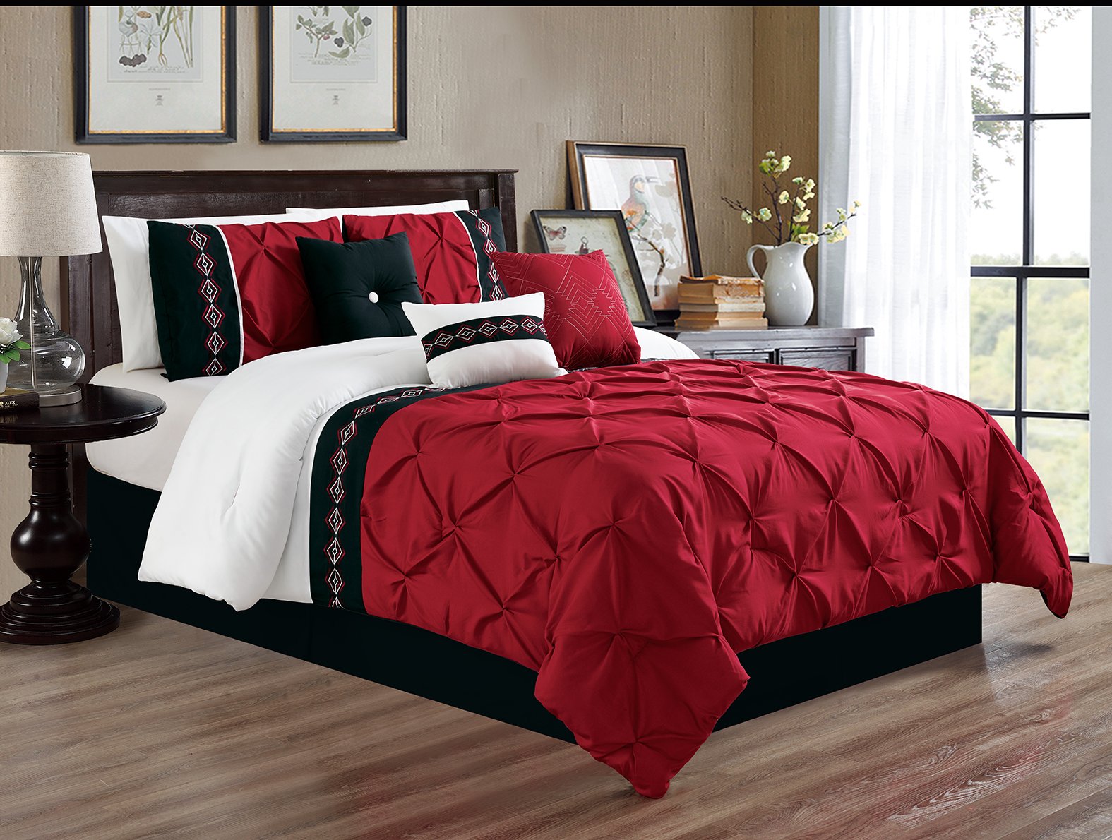 5-Piece Twin Size Burgundy Red/Black/White Embroidered Comforter Set - Double-Needle Stitch Pinch Pleat All-Season Down Alternative Bedding for Cozy Bedrooms & Guest Rooms