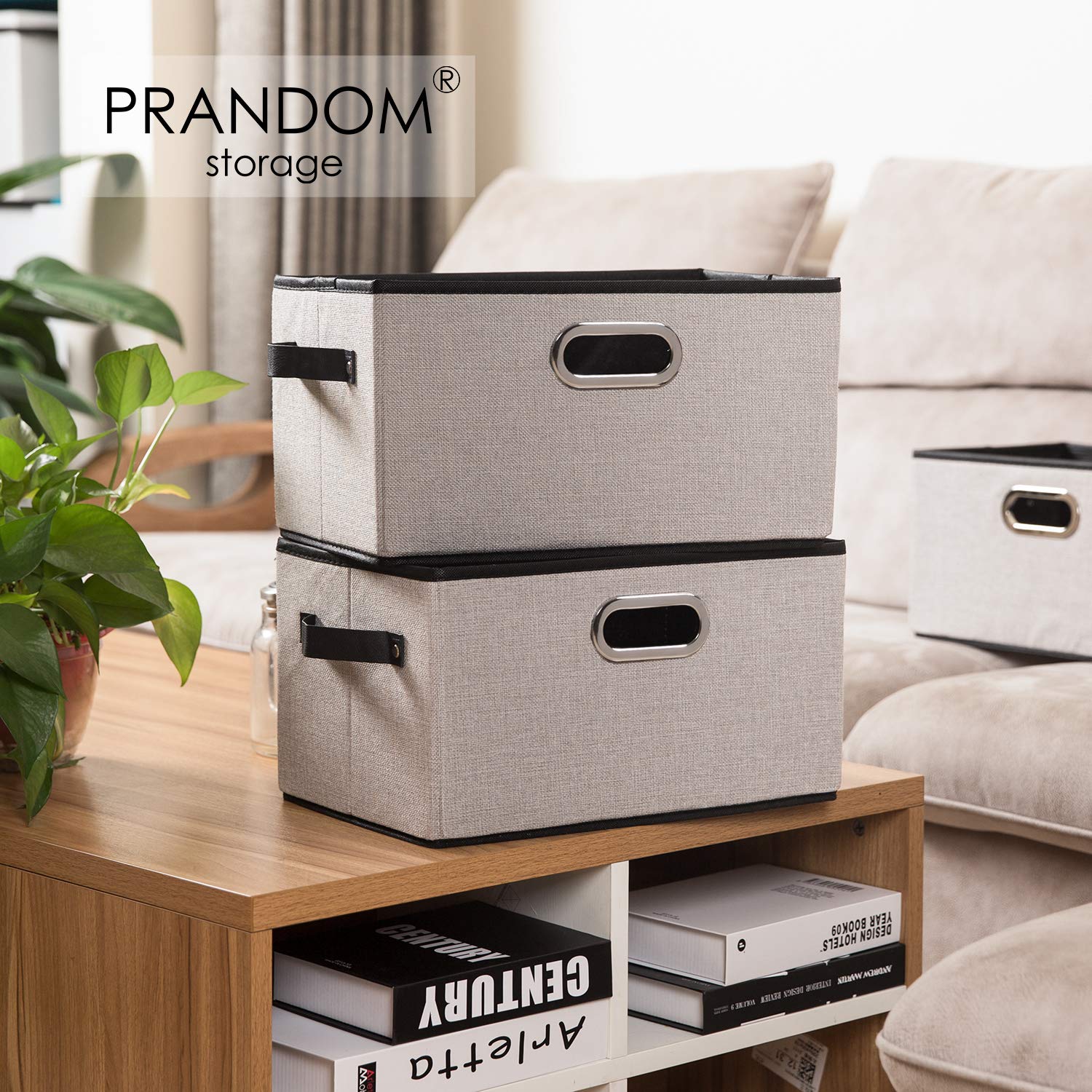 PRANDOM Large Collapsible Storage Bins [3-Pack] - Linen Fabric Storage Baskets with Leather/Metal Handles for Closet, Living Room, Bedroom - Light Grey (17.3x12.2x10.4 Inch) - Perfect for Organizing Toys, Blankets & Home Decor