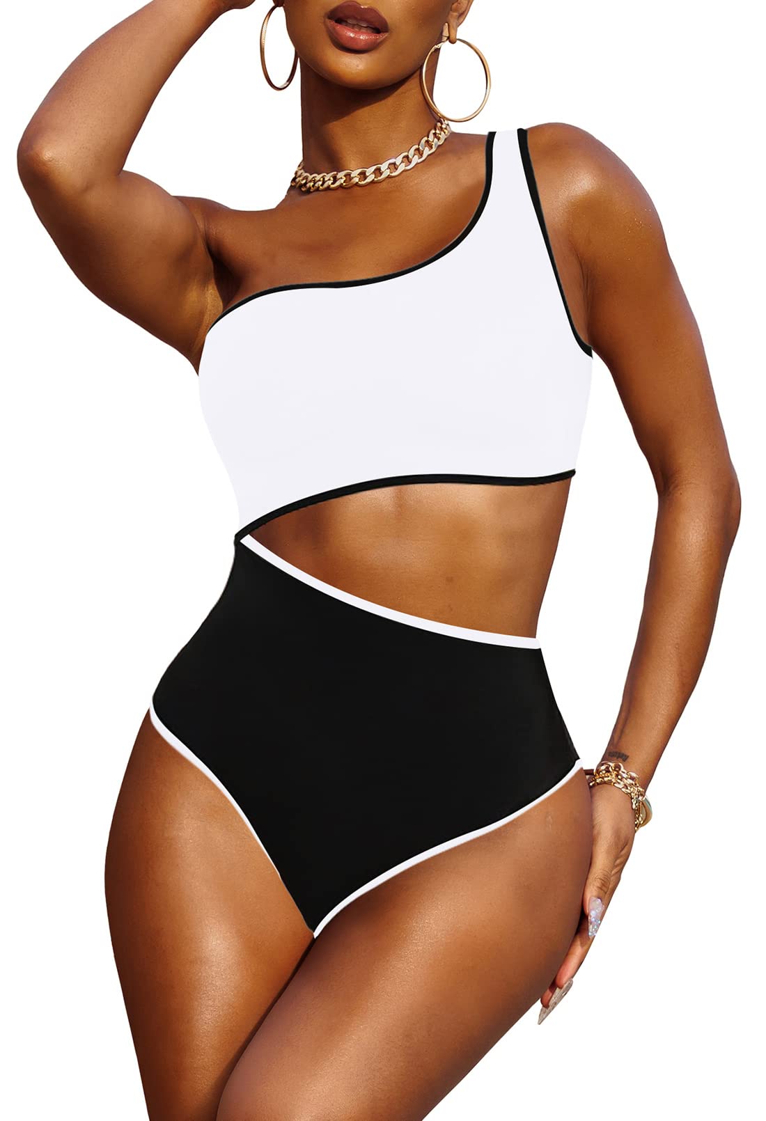 LaSuiveur Women's One Shoulder Monokini Swimsuit - Sexy Cutout Design & Color Block Bathing Suit for Beach, Pool Party & Summer Vacation