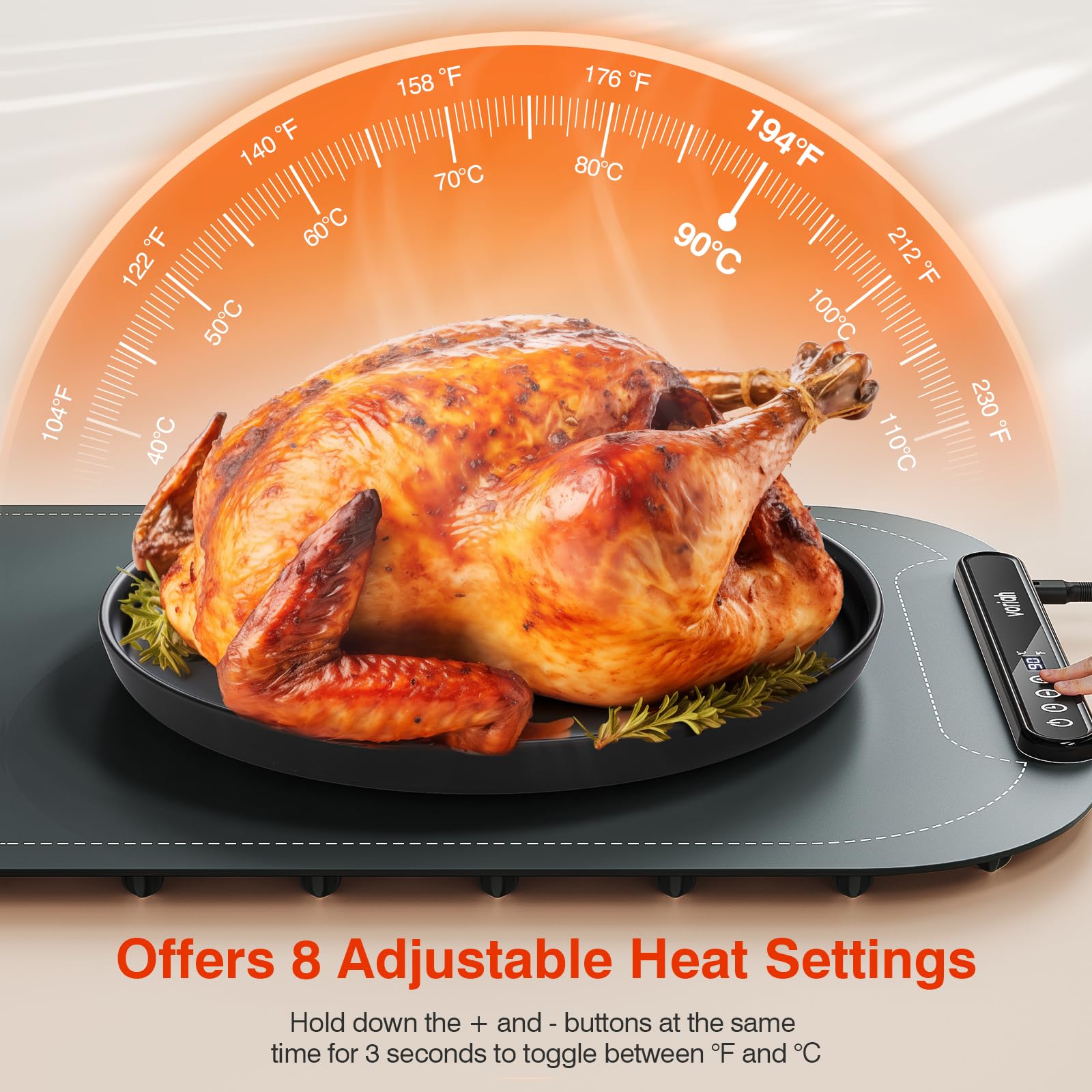 Voriah Electric Food Warming Mat - Adjustable Temperature Silicone Heating Tray with 8-Hour Timer | Perfect for Buffets, Parties & Holiday Gatherings | Keep Meals Warm for Entertaining & Catering Events