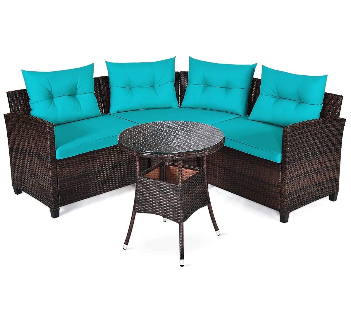 HAPPYGRILL 4-Piece Outdoor Patio Furniture Set - Rattan Wicker L-Shaped Sectional Sofa with Cushions & Coffee Table - Weather-Resistant Garden, Poolside, Balcony Conversation Set for Relaxing & Entertaining