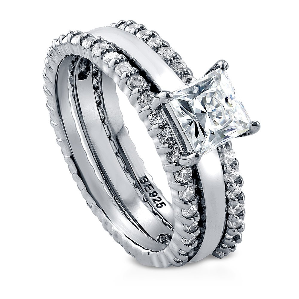 Sterling Silver 1 Carat Princess Cut Cubic Zirconia Engagement Ring Set for Women - Solitaire Wedding Band, Rhodium Plated Size 4-10 - Perfect for Proposals, Anniversaries & Special Occasions
