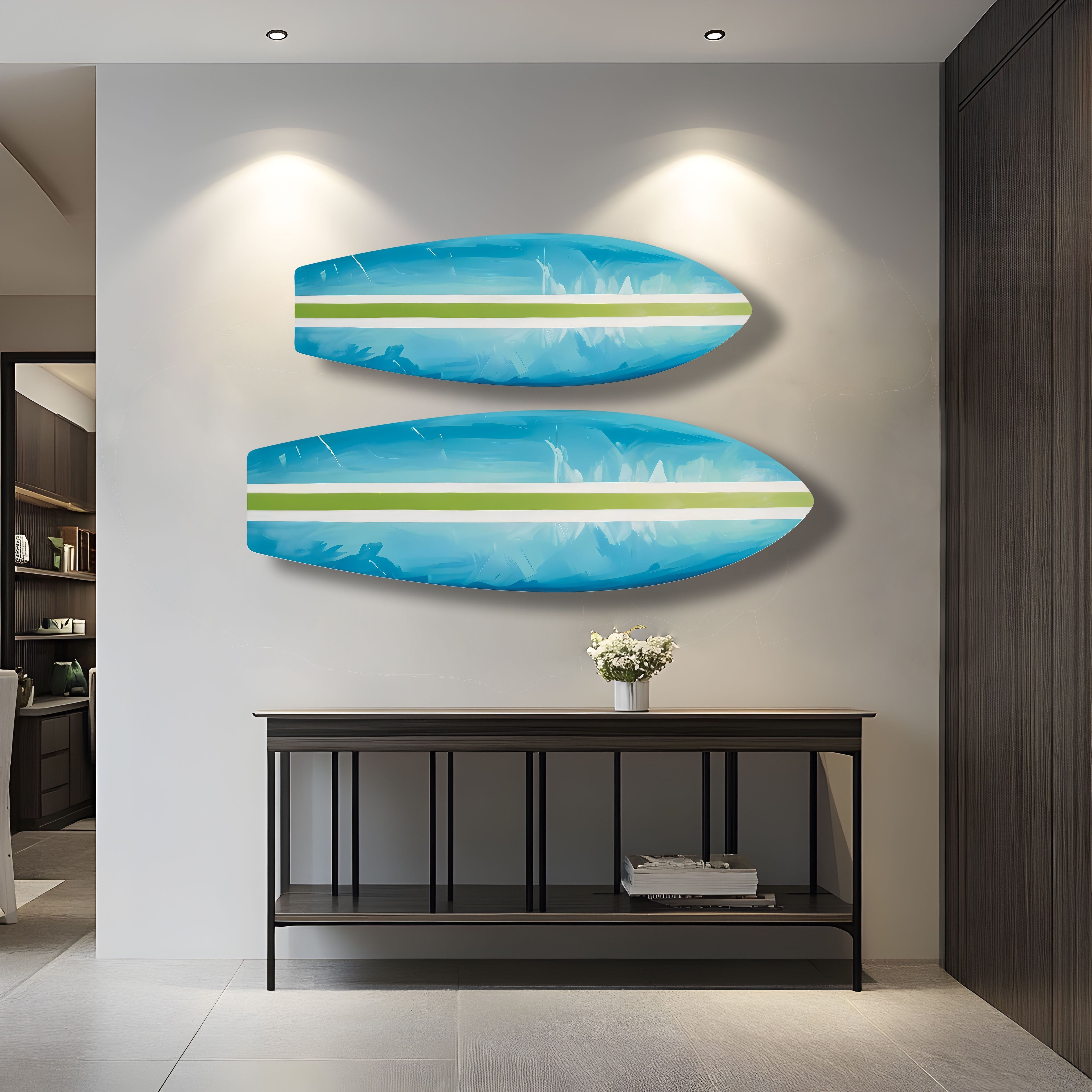 Blue and Green Line Surfboard Wall Art Decor - Coastal Beach House, Surf Shop, or Ocean-Themed Room Decor