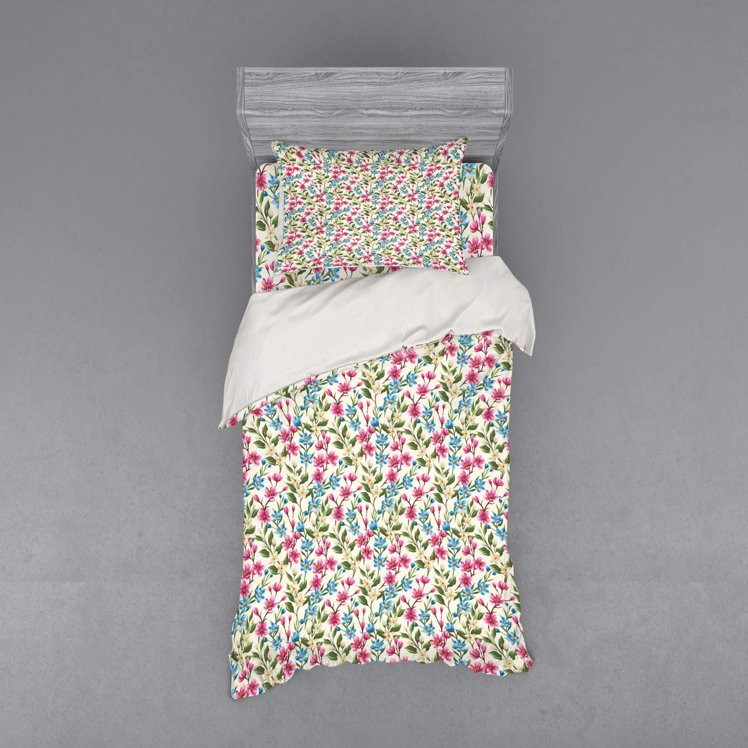 Ambesonne Floral Duvet Cover Set - Pink & Blue Shabby Chic Garden Theme 3-Piece Bedding with Sham & Fitted Sheet, Twin XL - Perfect for Spring Bedroom Decor & Boho Home Styling