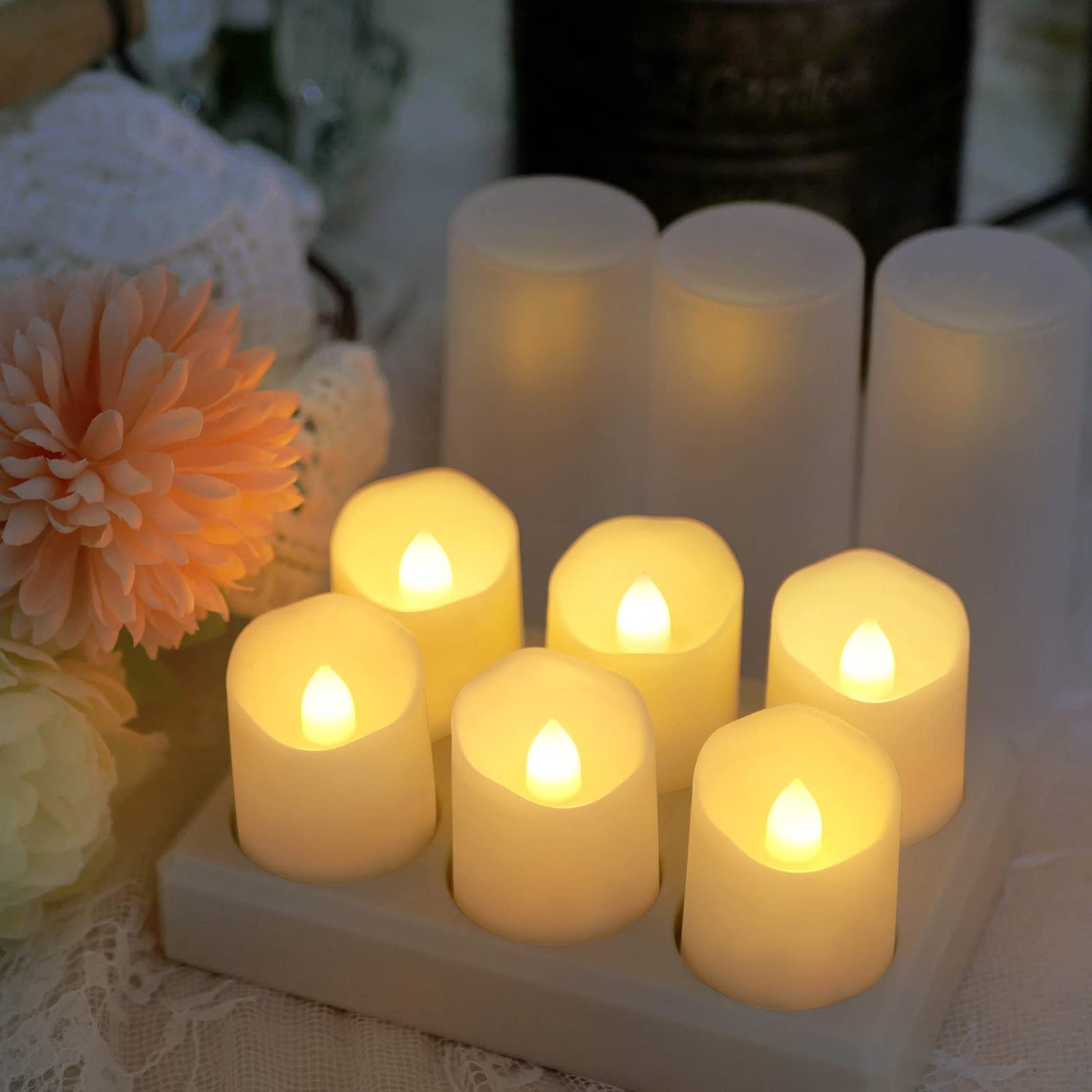 Rechargeable LED Tea Lights - Set of 6 Flameless Electric Votive Candles with Flickering Flame Effect, Remote Control & Timer, USB Charging Holder - Perfect for Christmas Decorations, Wedding Centerpieces, Holiday Parties & Home Ambiance Lighting