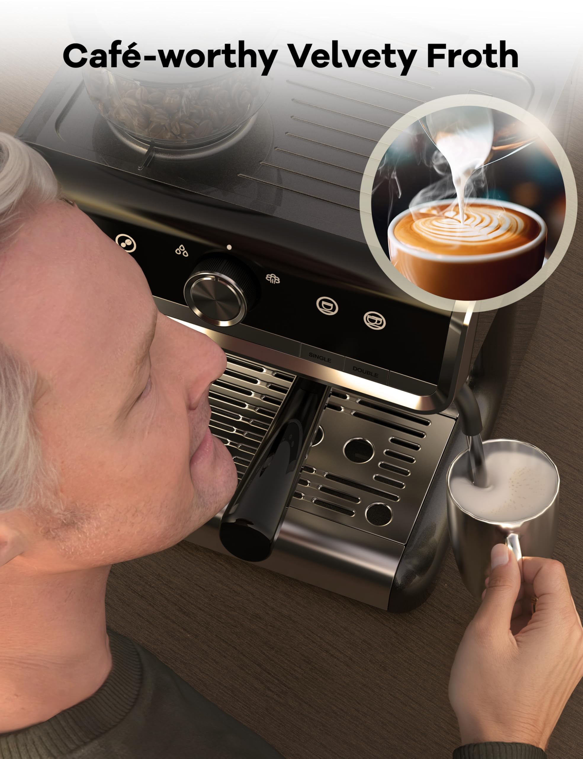 20 Bar Espresso Coffee Machine with Milk Frother - 2.8L Removable Water Tank, 1450W Semi-Automatic Espresso Maker with Built-in Grinder for Latte & Cappuccino - Perfect for Home Baristas & Coffee Lovers (Great Gift Idea for Holidays & Special Occasions)