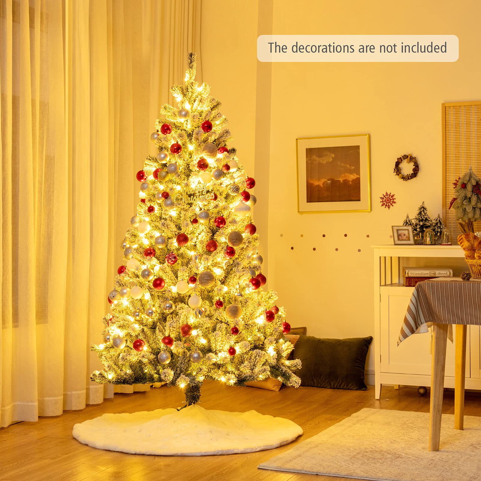 GOFLAME 6FT Pre-lit Artificial Christmas Tree with 250 Warm White LED Lights - Snow Flocked Full Xmas Tree with 928 Branch Tips & Foldable Stand - Perfect for Holiday Indoor Decor in Living Room, Office, and Party Settings