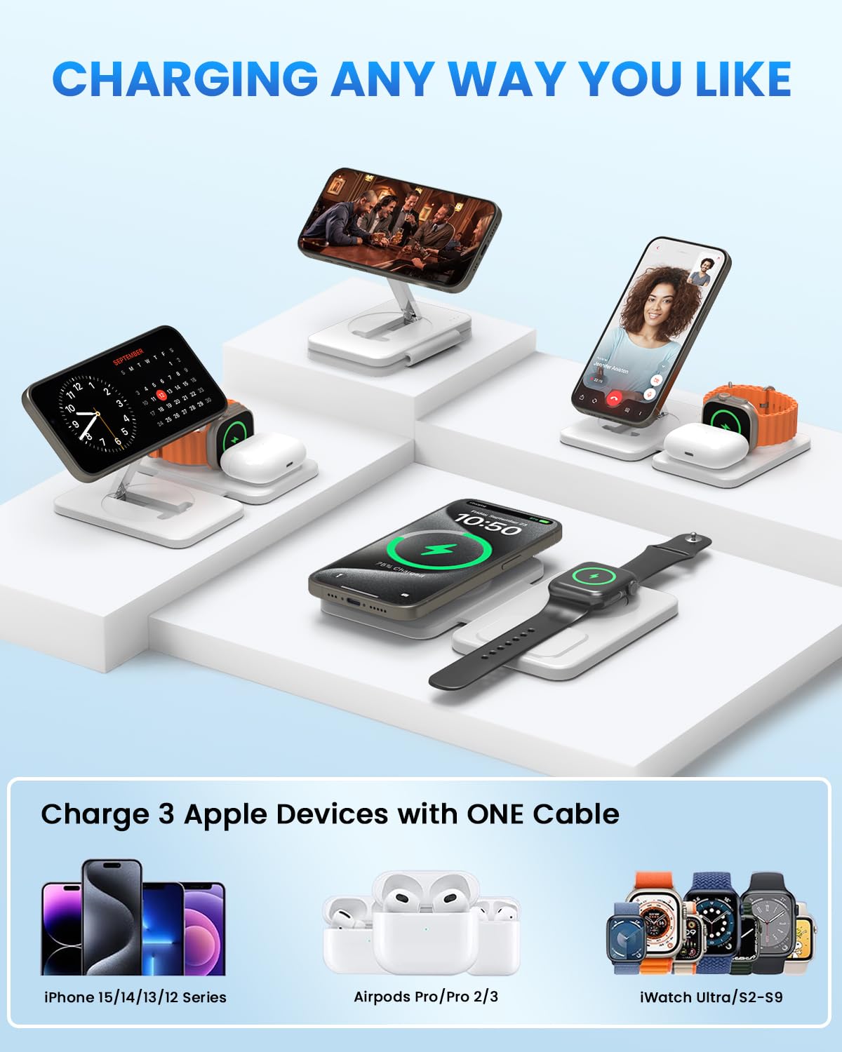 JoyGeek 3-in-1 Magnetic Wireless Charging Station for iPhone 12-16 Pro/Max - Foldable Fast Charger Stand with 18W PD - Portable Travel Dock for iPhone, Apple Watch & AirPods - Perfect for Home, Office & Travel Use