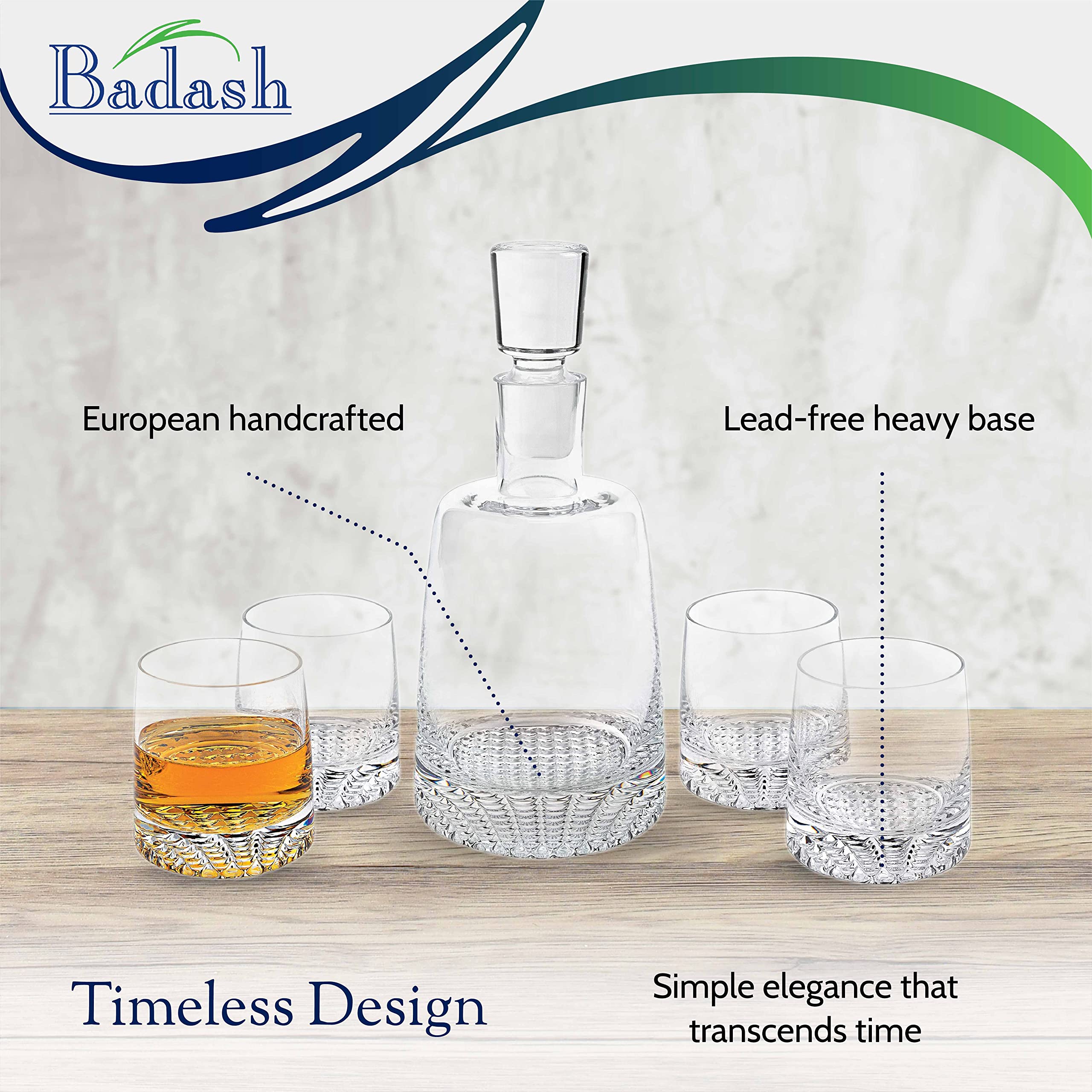 Premium Crystal Whiskey Decanter Set with 4 Lead-Free Glasses - 5-Piece Bourbon & Scotch Decanter Gift Set - Handcrafted Mouth-Blown Crystal for Home Bar, Wedding Gifts & Entertaining