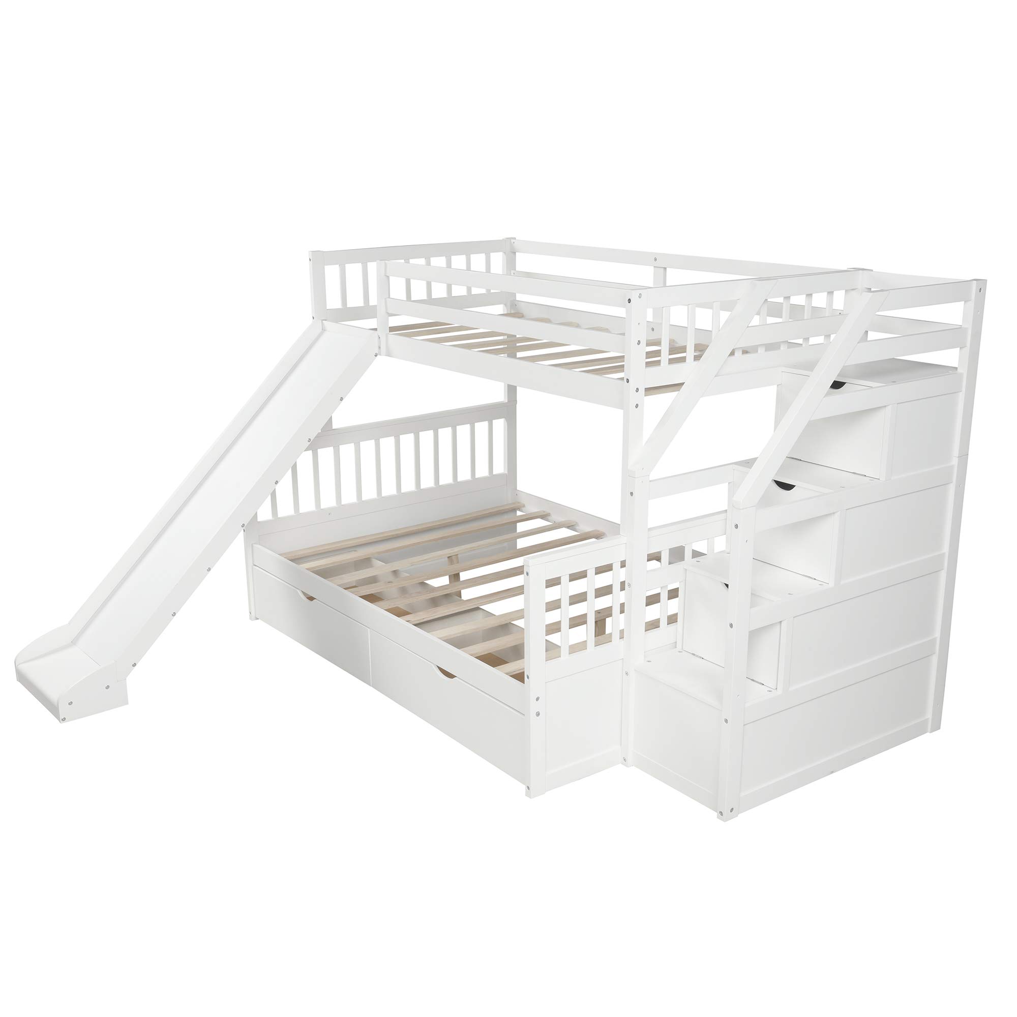 Twin Over Full Bunk Bed with Stairs & Storage - Kids & Adults - White