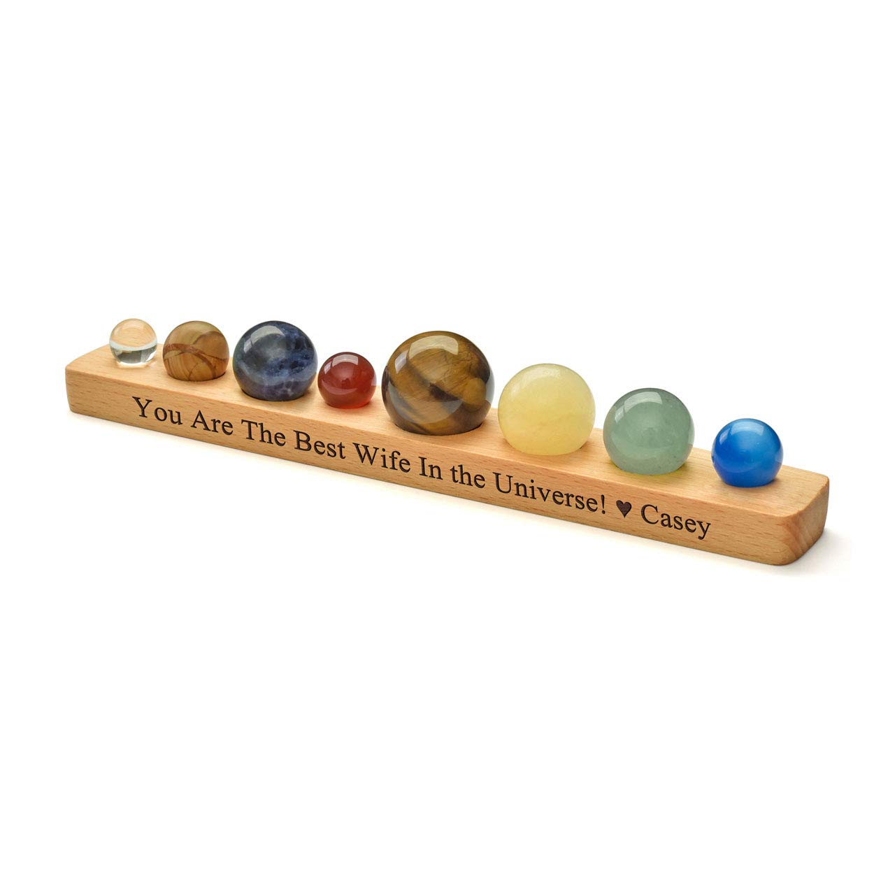 Personalized Solar System 8 Planets Handmade Gemstone Balls with Wooden Stand - Custom Engraving Gift Box - Home Office Desk Decor for Astronomy Lovers & Science Enthusiasts