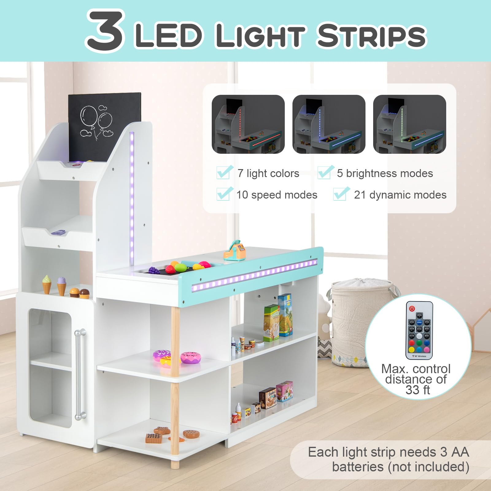 **GLACER Wooden Grocery Store Pretend Play Set for Kids Ages 3+ - Includes 40 Play Food Accessories, Cash Register, Moving Conveyor, Shopping Cart & 3 LED Light Strips - Educational Toy for Role Play & Imagination Development (Perfect for Home, Classroom & Playroom)**