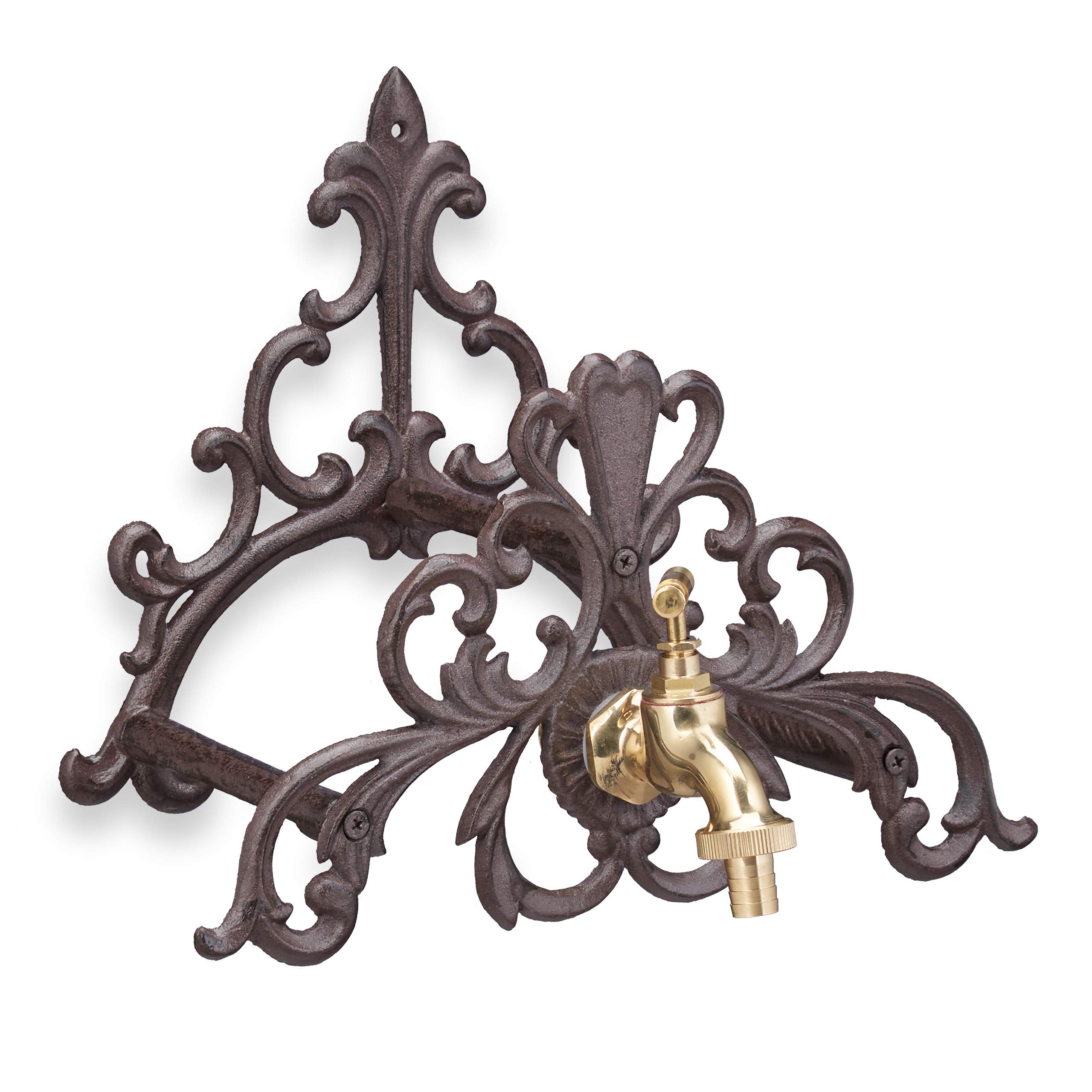 Vintage Cast Iron Garden Hose Reel with Faucet - Antique Style Dark Brown Hose Holder for Outdoor Watering, Lawn Care & Gardening Decor