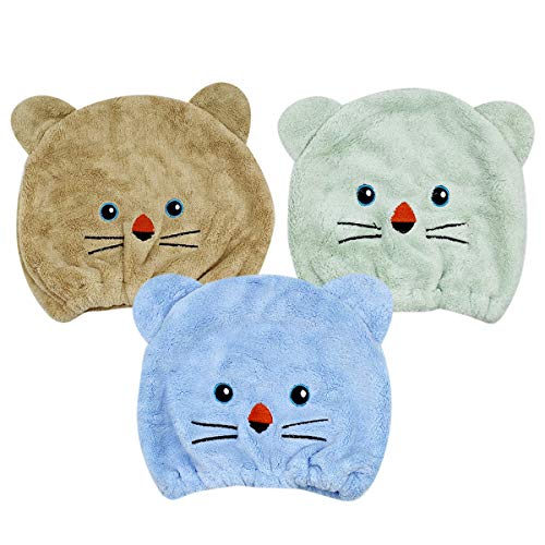 3 Pack Cute Cartoon Bear Microfiber Hair Drying Cap - Super Soft Coral Fleece Absorbent Hair Towel Wrap for Women & Kids - Perfect for Bath, Shower, and Salon Use