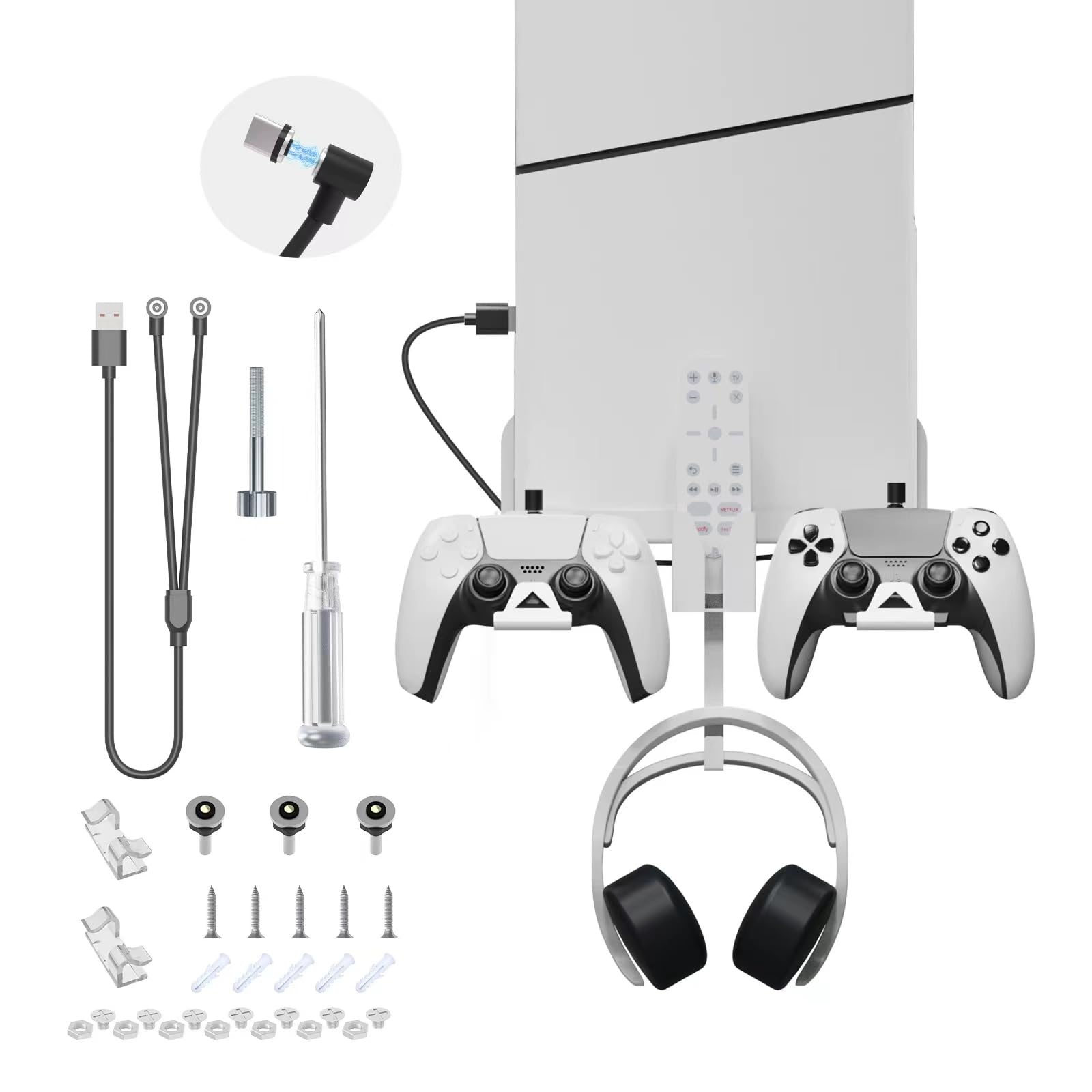 PS5 Slim Wall Mount Kit with Controller Holder - White for Gaming Setup