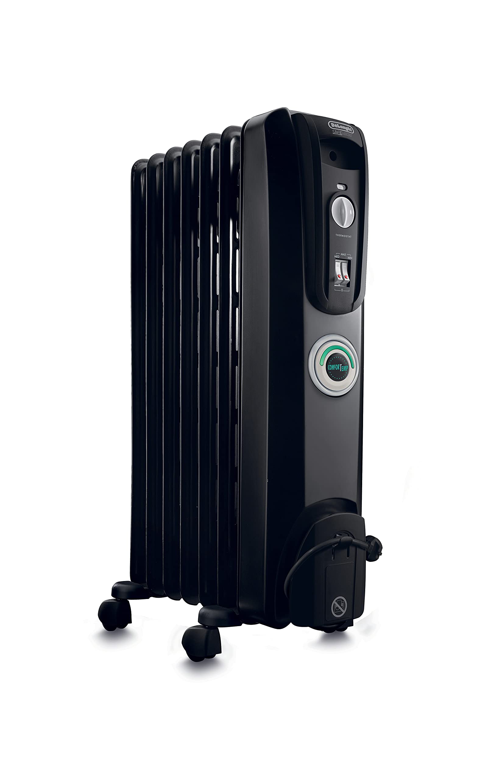 DeLonghi EW7707CBCA 1500W Oil-Filled Radiator Space Heater - Quiet, Adjustable Thermostat, 3 Heat Settings, Energy Efficient, Safety Features, Black - Perfect for Bedroom, Office & Home Heating