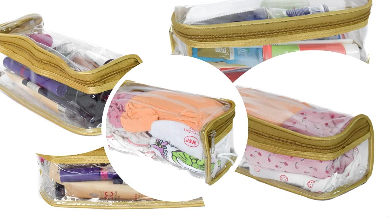 iShine Large Transparent & Gold Travel Zipper Pouch for Men & Women - Multipurpose Morning Organizer for Toiletries, Cosmetics & Travel Essentials (2-Pack) | Perfect for Airplane Carry-on, Gym Bag & Daily Use