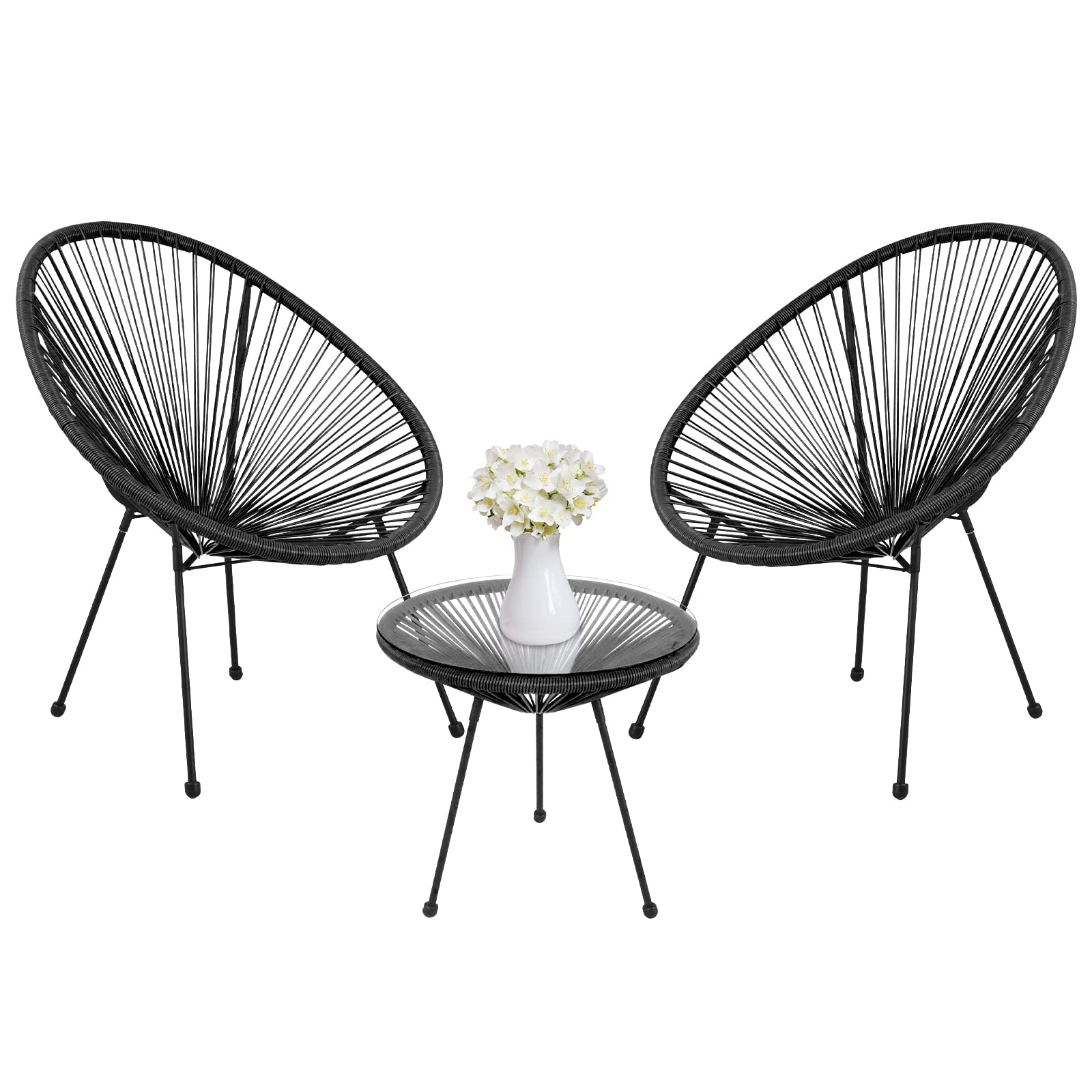 Omelaza 3-Piece Outdoor Patio Bistro Set with 2 Rope Chairs & Glass-Top Table - All-Weather Wicker Furniture for Garden, Balcony, Poolside & Backyard Decor - Black