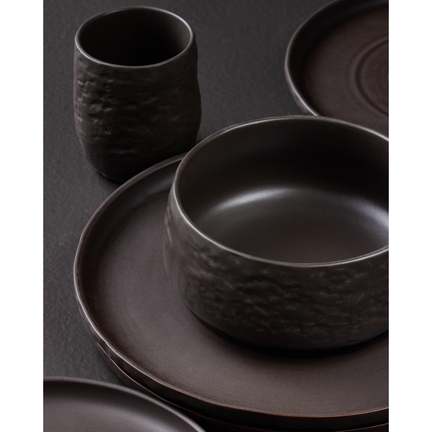 Mercer Project SHOSAI 16-Piece Stoneware Dinnerware Set - Modern Black Plates & Bowls for 4, Durable Stoneware Dishware for Everyday Dining, Dinner Parties & Restaurant Use