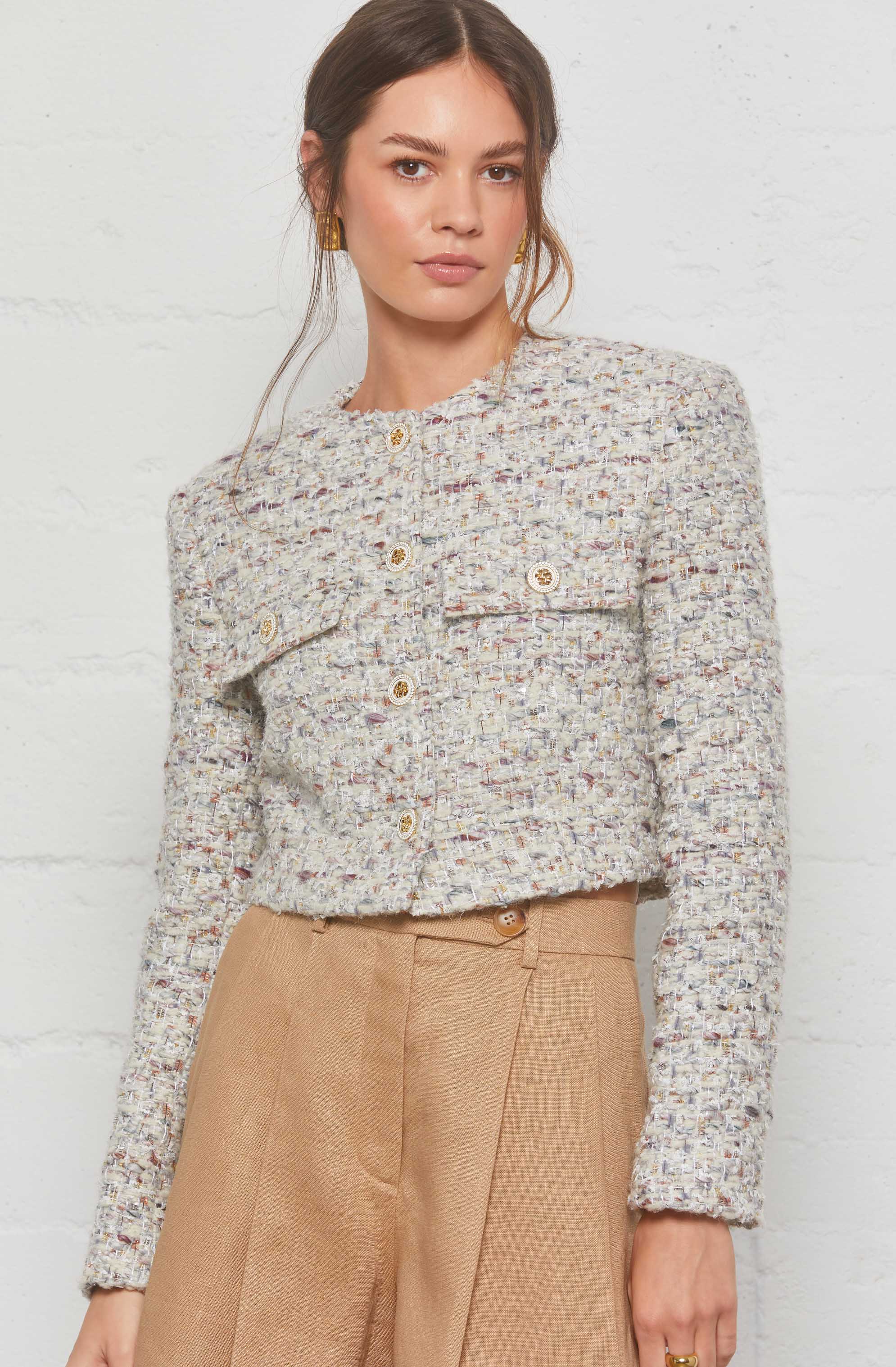 Covina Cropped Tweed Jacket for Women - Stylish Blazer with Pockets | Perfect for Office, Date Night & Fall Outfits