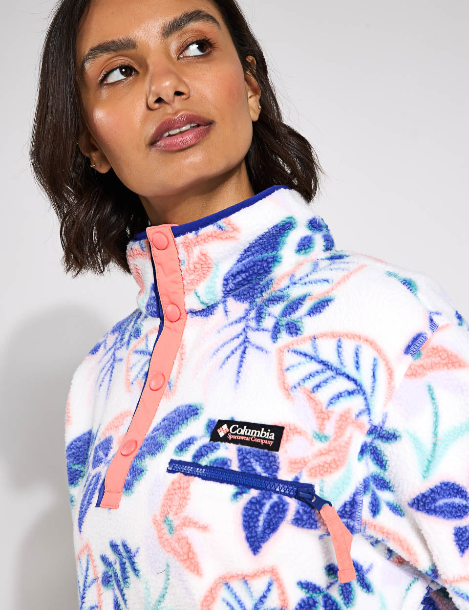 Helvetia II Cropped Sherpa Half Snap Printed Fleece Jacket - Sea Salt Pastel Multi Color | Cozy Winter Outerwear for Women, Perfect for Casual Outings & Street Style Fashion