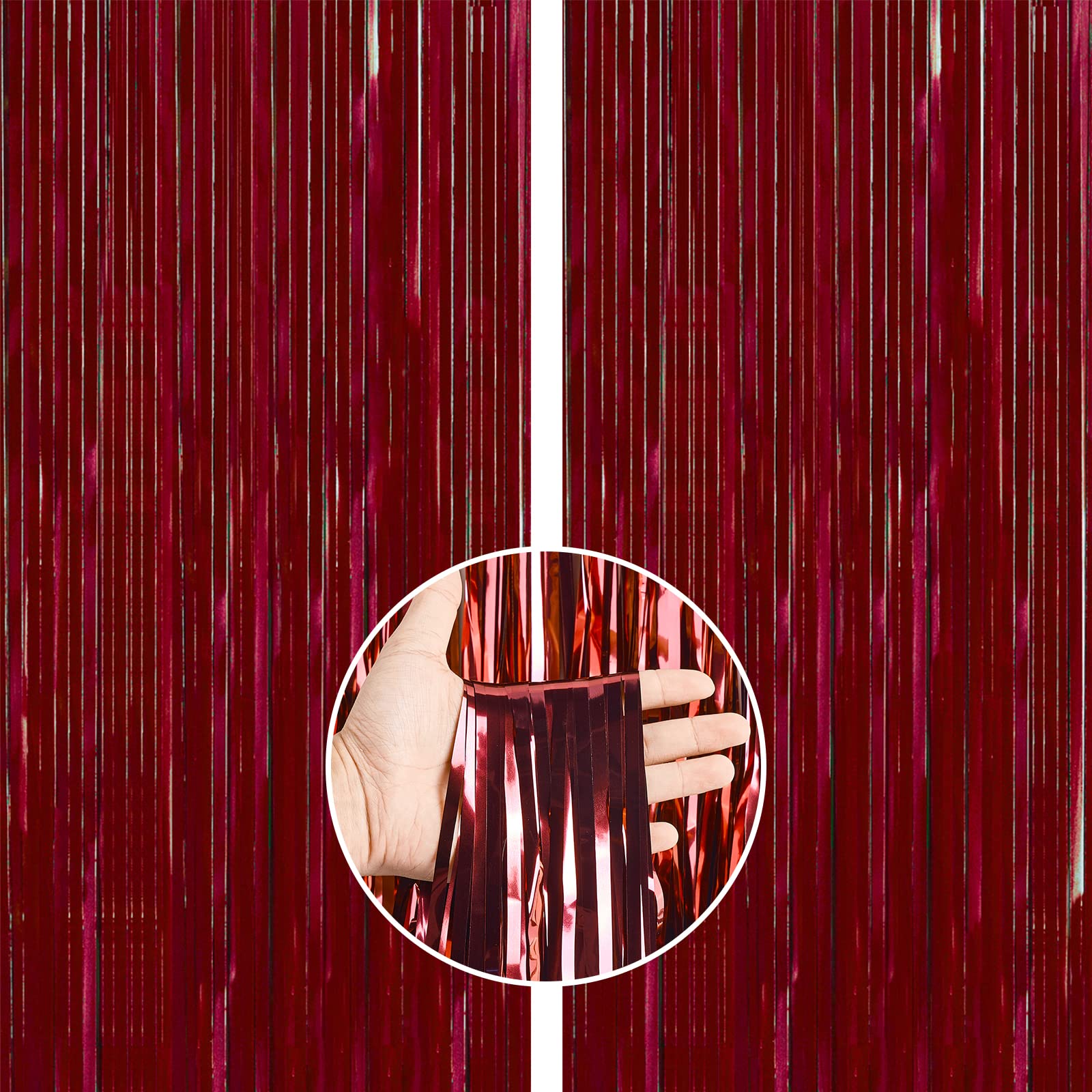 PartyWoo Retro Red Foil Curtains - 2 Pack 3.3x6.6 ft Dark Red Fringe Backdrop for Birthday, Christmas & Holiday Decorations | Shimmering Tinsel Door Decor, Photo Booth Background, Wedding & Party Streamers
