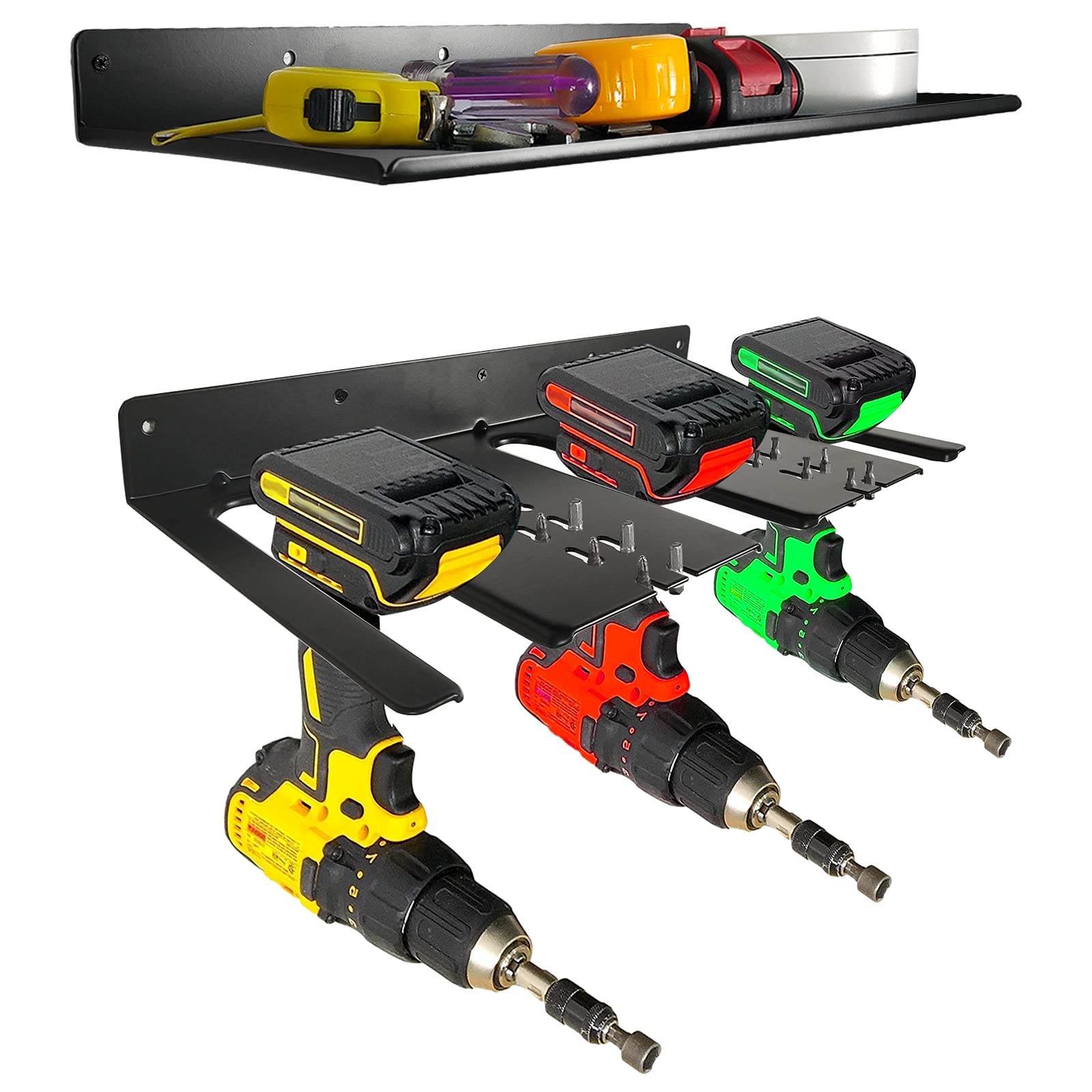 Homydom Wall Mounted Garage Drill Storage Rack - Electric Drill Holder with Shelf & Battery Organizer for Workshop, Shed & DIY Projects | Perfect for Power Tool Organization & Space Saving