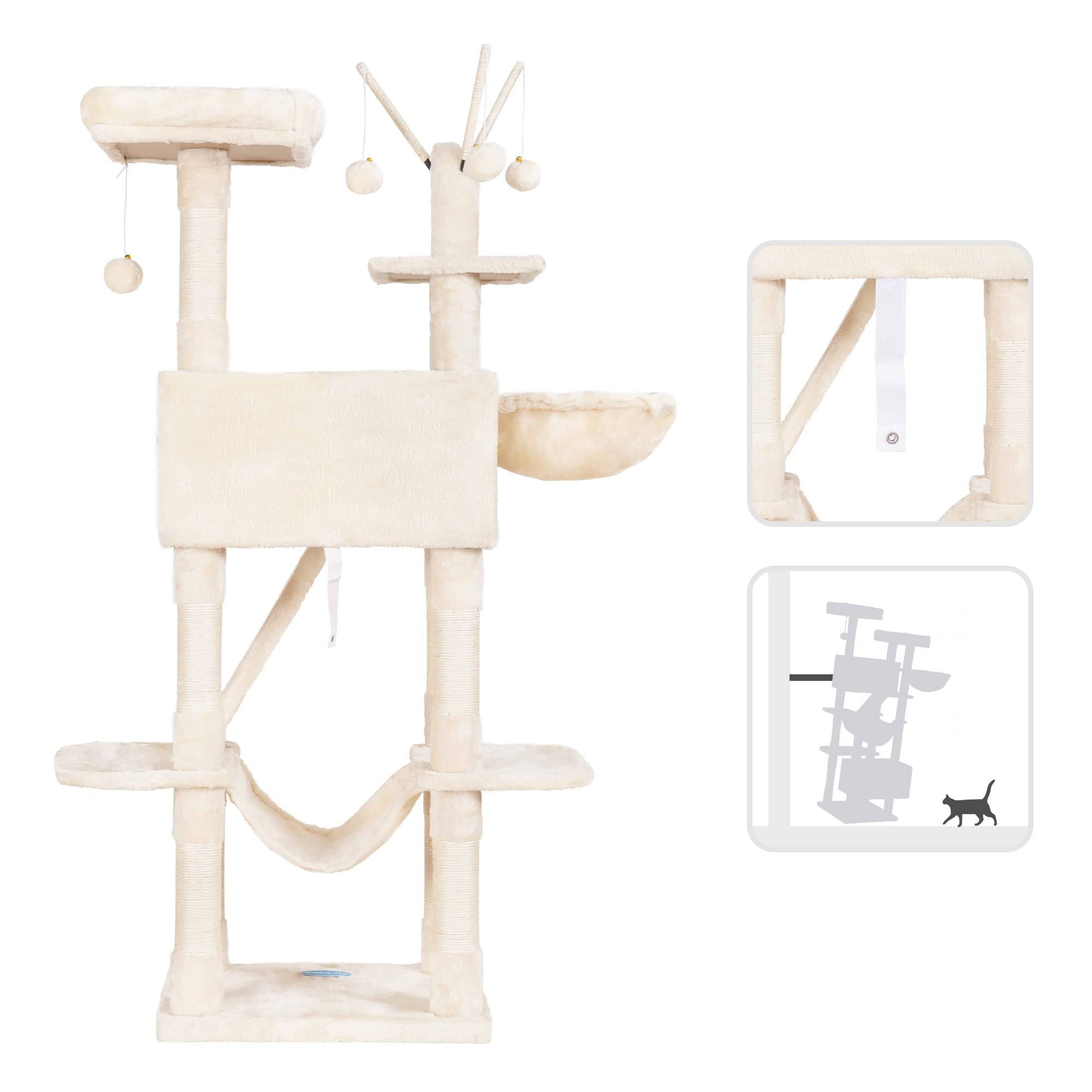 Hey-brother 61-inch Cat Tree for Indoor Cats - Multi-Level Cat Tower with Cozy Condo, Padded Bed, Hammocks & Sisal Scratching Posts - Perfect for Play, Rest & Climbing - Beige 0MPJ019M