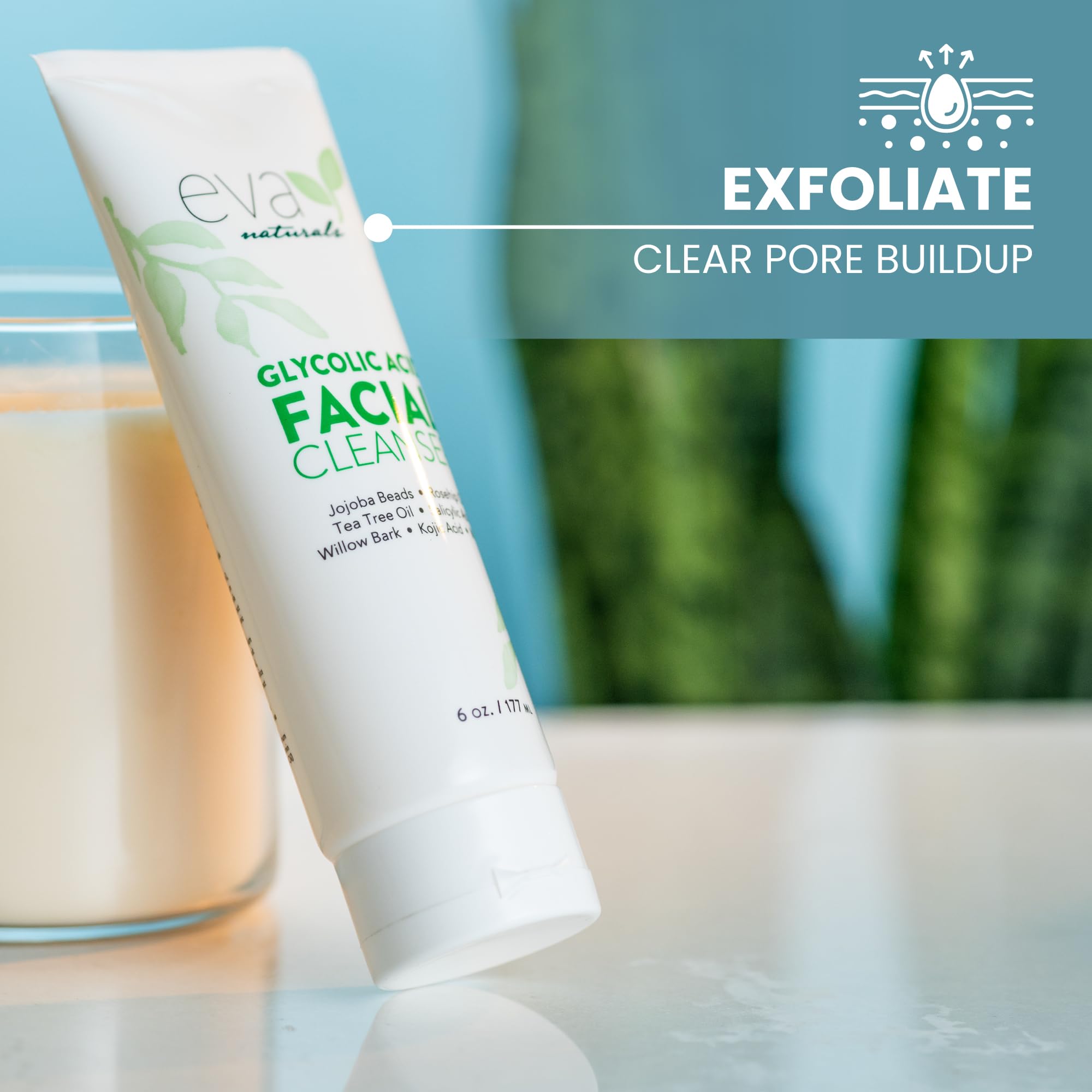 Eva Naturals Glycolic Acid Face Wash - Exfoliating Cleanser for Wrinkles, Fine Lines, Blackheads & Acne - 6 Fl Oz - Gentle Daily Facial Cleanser for Brighter, Smoother Skin - Perfect for Morning & Night Skincare Routine