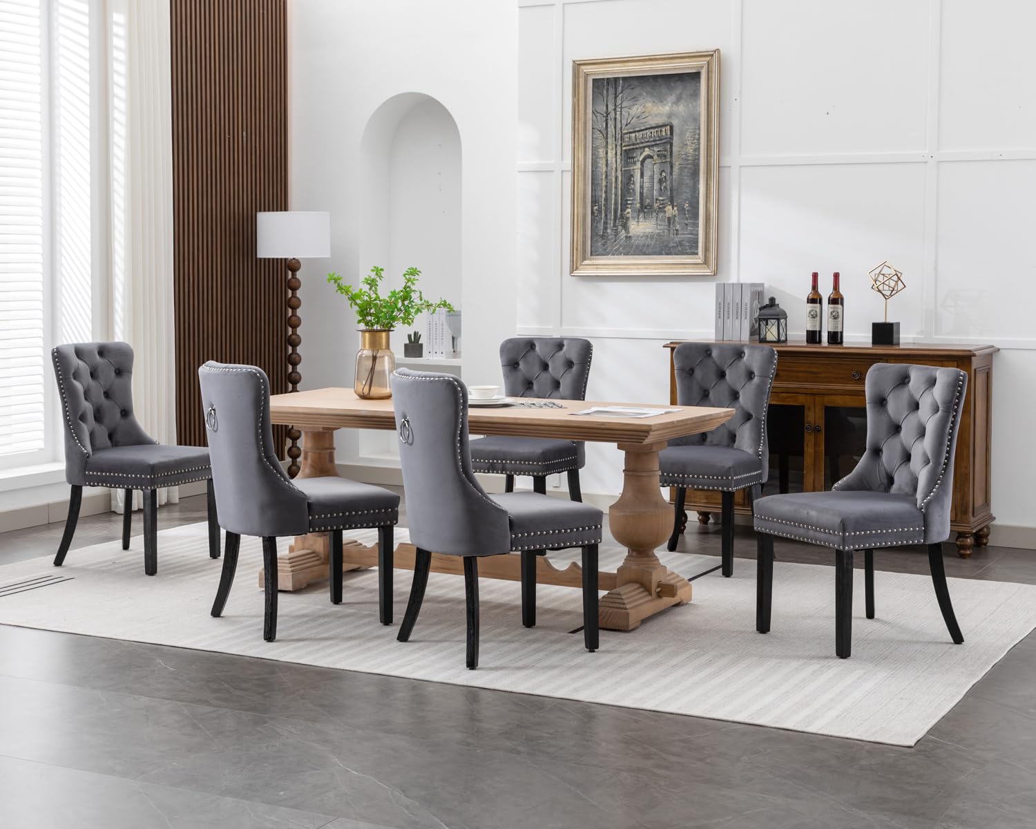 Luxury Velvet Dining Chairs Set of 2 - Modern Upholstered Tufted Kitchen Chairs with Nailhead Trim & Solid Wood Legs, Grey Nikki Collection for Dining Room, Restaurant or Home Decor