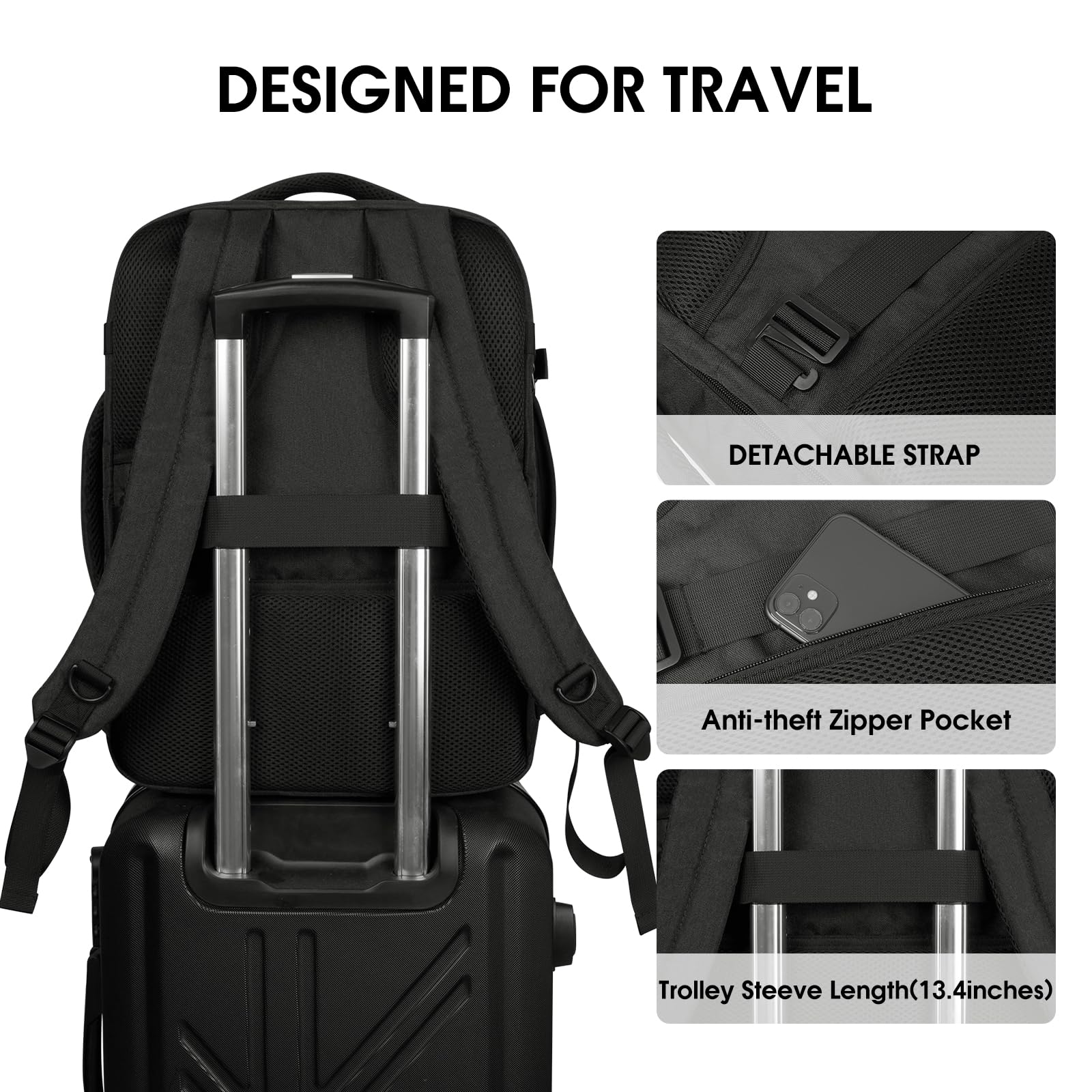 WANDF 18x14x8 Inch Travel Backpack - Approved Spirit Airlines Personal Item Bag with Wet Pocket & Laptop Compartment | 17 Inch Laptop Backpack for Men & Women (Black) | Perfect for Air Travel, Commuting & Business Trips