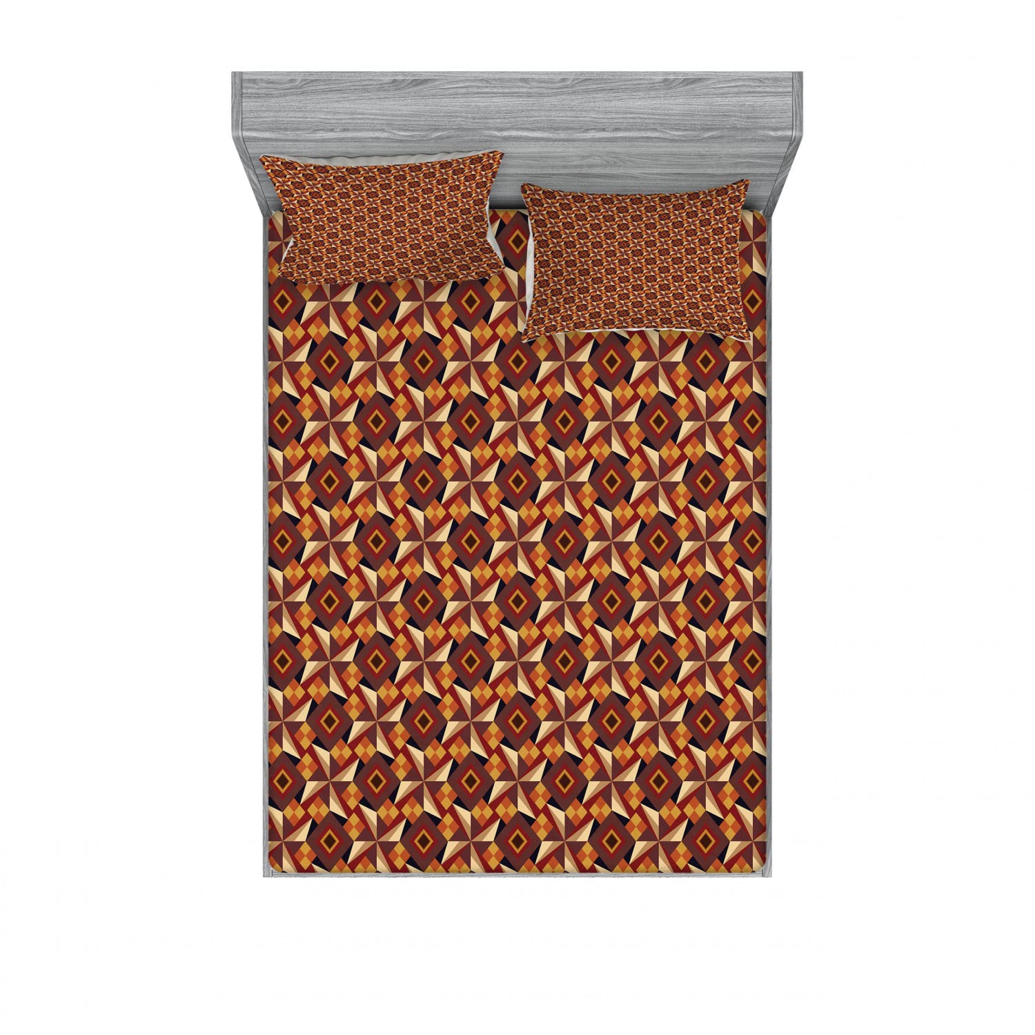 Ambesonne Modern 2-Piece Queen Size Bedding Set - Retro Vintage Geometric Pattern Fitted Sheets & Pillow Shams (4-Pc Set, Dark Orange Burgundy) for Master Bedroom, Guest Room & Dorm Decor