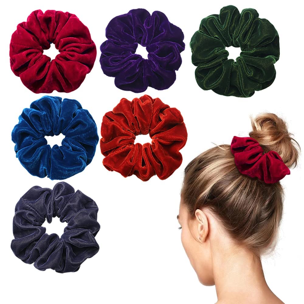 ALIBA COLLECTION 6 Pack Velvet Blend Hair Scrunchies - Soft Elastic Hair Bands for Women & Girls (Black) - Perfect for Workouts, Yoga, Office & Everyday Use