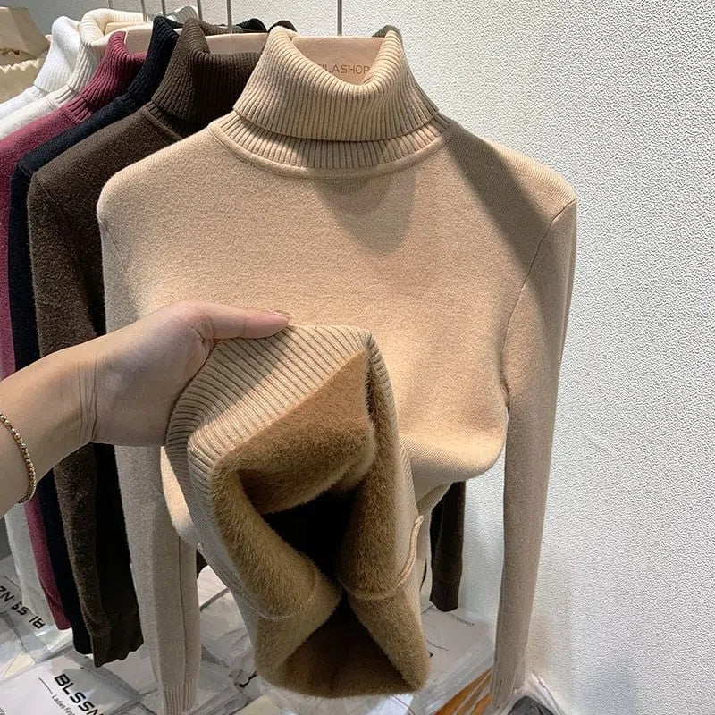 Women's Thick Velvet Turtleneck Sweater - Warm Winter Pullover for Casual Outfits & Holiday Parties