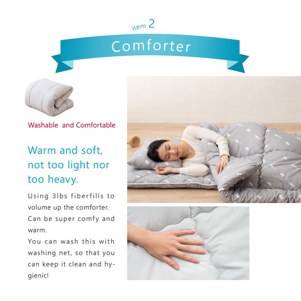 EMOOR Japanese Futon Set - Twin-XL Foldable Tatami Mattress, Comforter & Pillow | Authentic Made in Japan Gray Shikibuton with Logo | Perfect for Small Spaces, Guest Rooms & Minimalist Bedrooms (CLASSE III Certified)