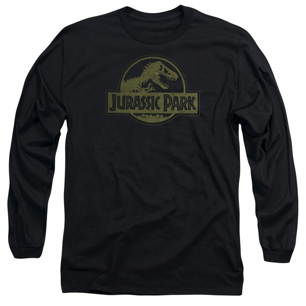 Jurassic Park Dinosaur Movie T-Shirt - Steven Spielberg Distressed Logo Long Sleeve Tee for Adults - Black Cotton Shirt for Movie Fans & Casual Wear