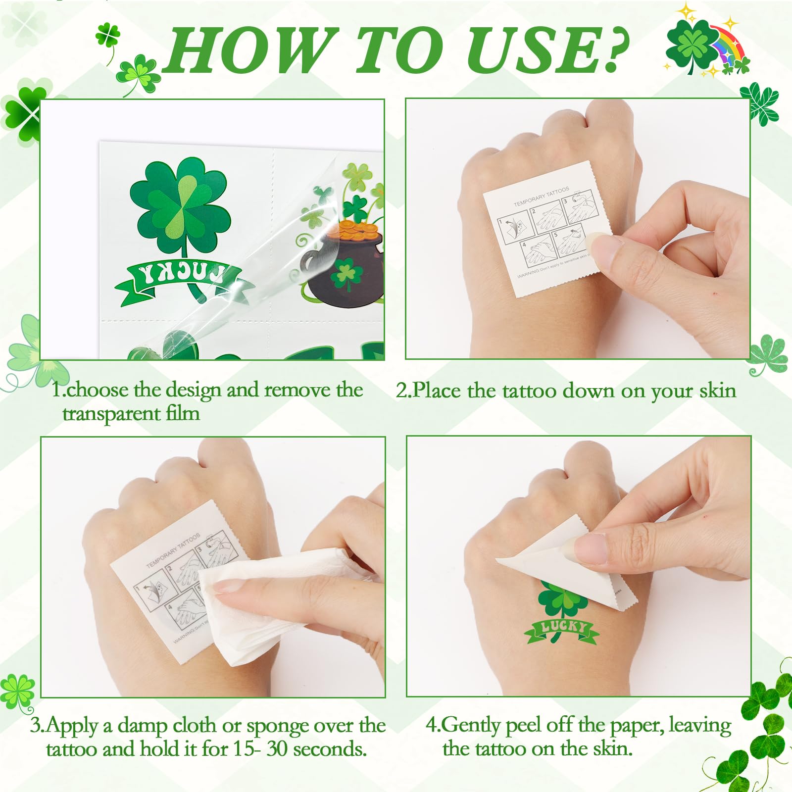 96Pcs St Patricks Day Temporary Tattoos - Lucky Shamrock & Irish Symbols for Kids & Adults | St Patricks Day Party Supplies, Face Makeup Accessories | Perfect for Festivals, Parades & Themed Events