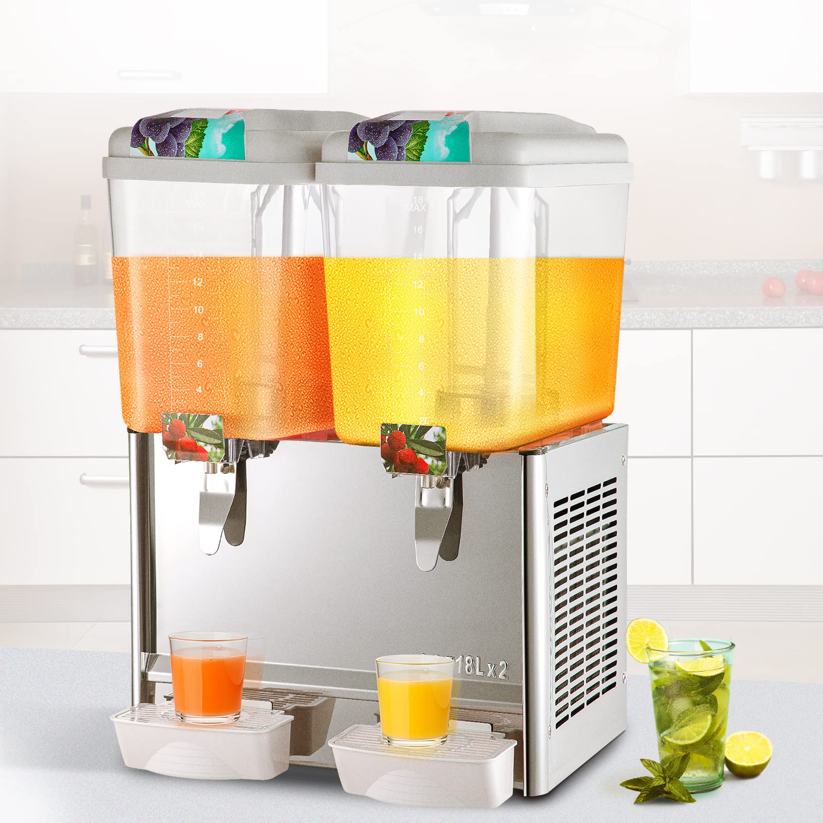 VEVOR Commercial Beverage Dispenser 2 Tank 9.5 Gallon Stainless Steel Drink Dispenser with Thermostat Controller - 300W Energy Efficient for Cold Drinks, Perfect for Restaurants, Cafes, and Party Events