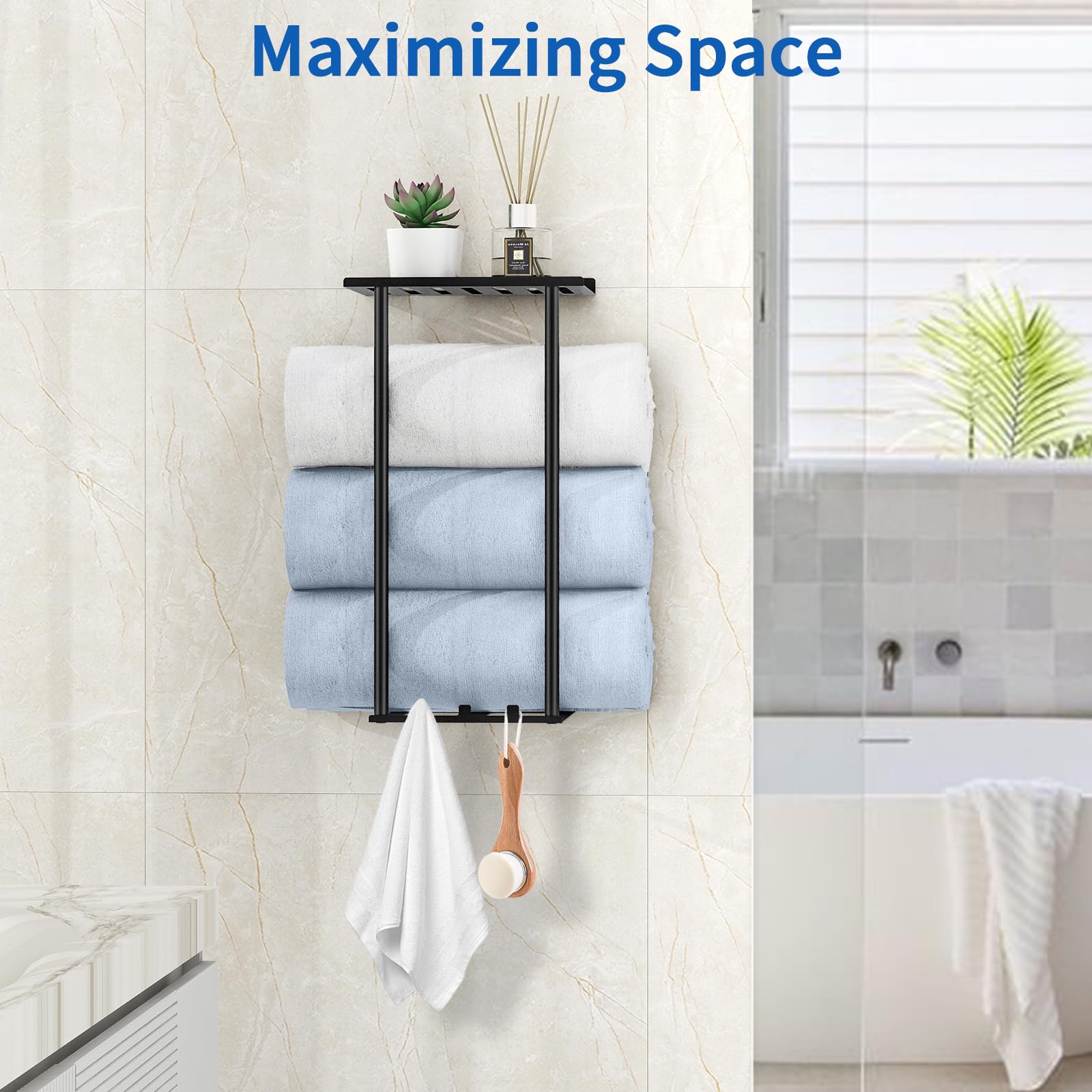 Sturdy Metal Wall Mounted Towel Rack for Bathroom - Rustproof Towel Holder with Hooks for Large & Rolled Towels | Space-Saving Bathroom Storage Solution (Black) - Perfect for Small Bathrooms, Spa-Like Showers & Organized Powder Rooms
