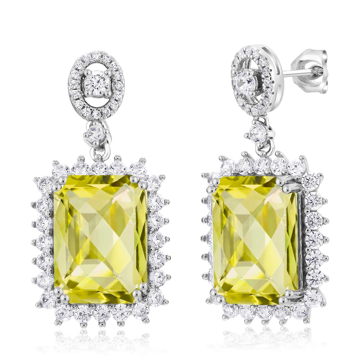 Gem Stone King 925 Sterling Silver Yellow Lemon Quartz Dangle Earrings for Women - 14.30 Cttw, Emerald Cut Checkerboard 14X10MM, June Birthstone Jewelry | Perfect for Birthday Gifts, Anniversary, Party & Everyday Wear