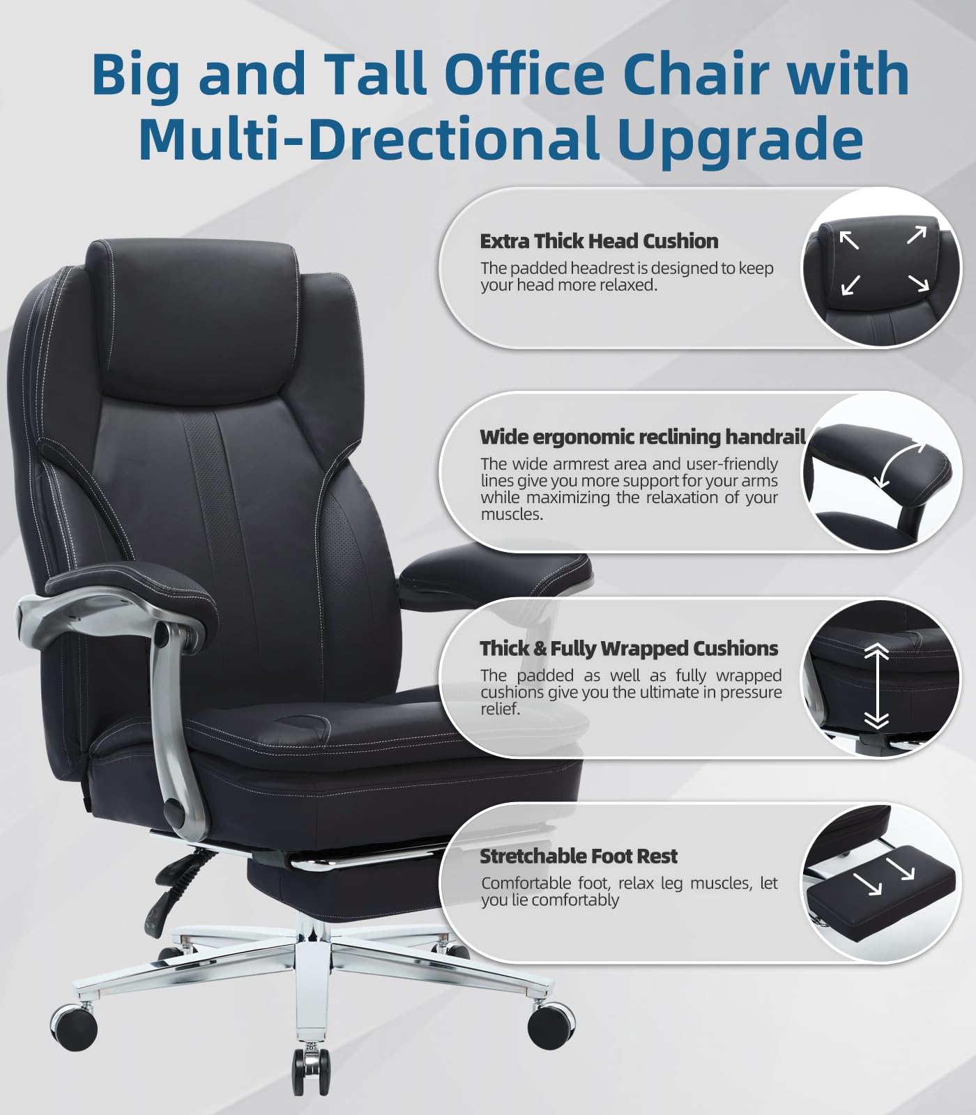 Big and Tall Office Chair with Footrest - Ergonomic High Back Executive Chair, Extra Wide Armrests, 500LBS Weight Capacity, PU Leather Managerial Desk Chair, 90-135° Reclining - Perfect for Home Office, Gaming, and Long Work Sessions