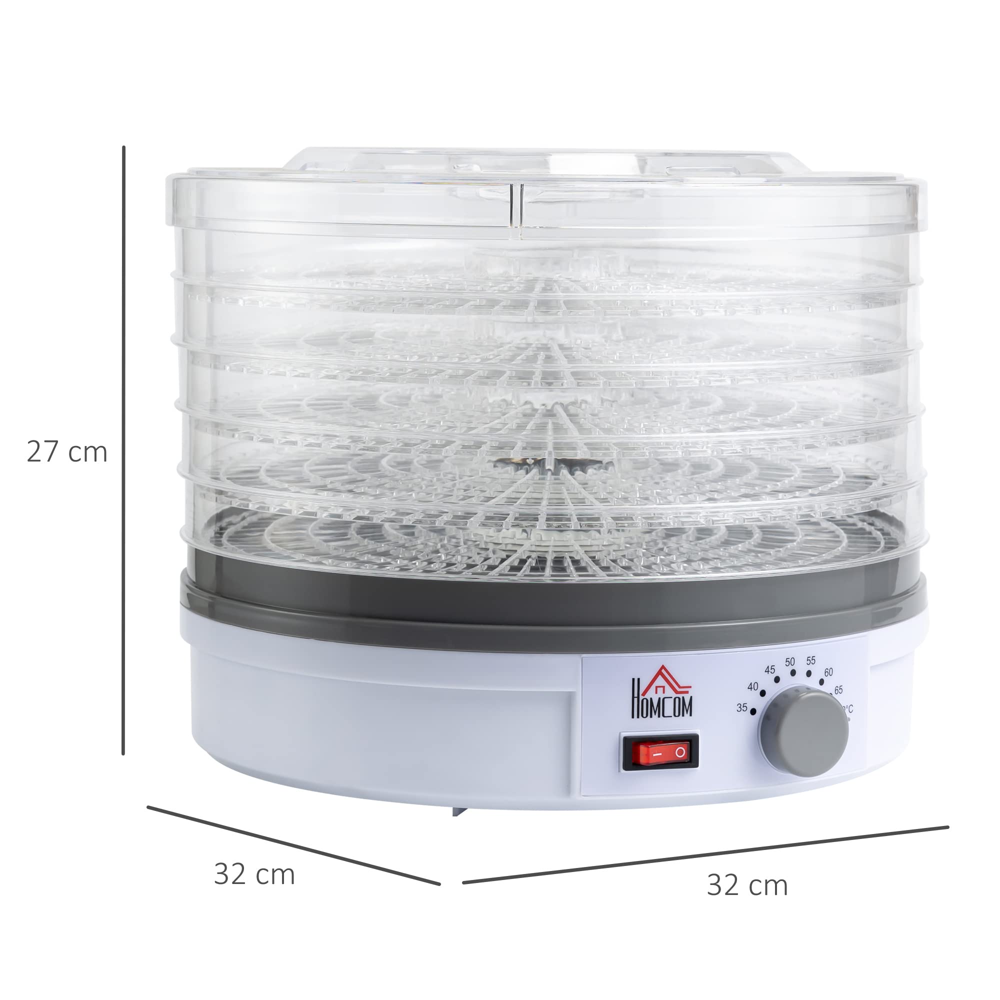 HOMCOM 5-Tier Food Dehydrator Machine - 245W Adjustable Temperature Control for Drying Fruits, Vegetables, Meat, Jerky & Pet Treats - White | Perfect for Home Kitchen, Camping & Healthy Snack Preparation