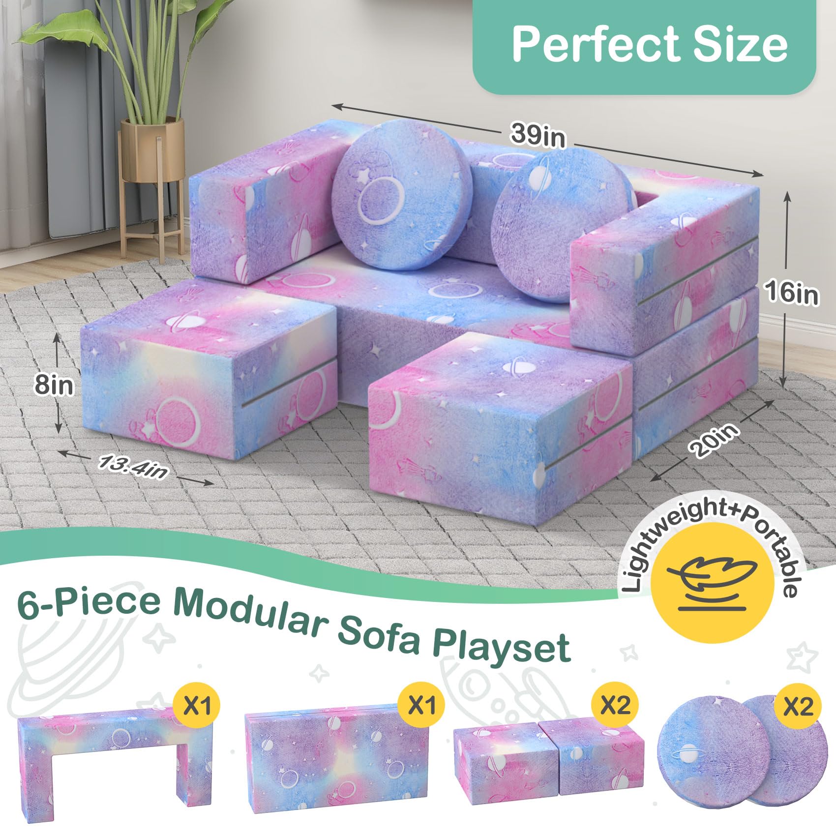 BIERUM Kids Couch - 6PCS Modular Play Sofa with Glow Effects & Blanket, Convertible Toddler Couch for Girls Boys - Perfect for Playroom, Nursery, Indoor Play & Family Movie Nights