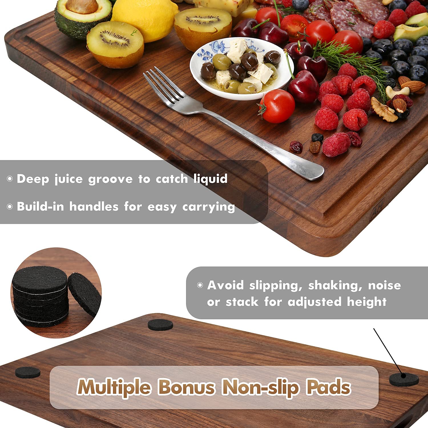 AZRHOM XL Large Walnut Wood Cutting Board 20x15 Inch - Thick Reversible Butcher Block with Juice Groove & Non-Slip Mats, Gift Box Included - Perfect for Kitchen Prep, Meat Cutting, Charcuterie Boards & Holiday Gifting