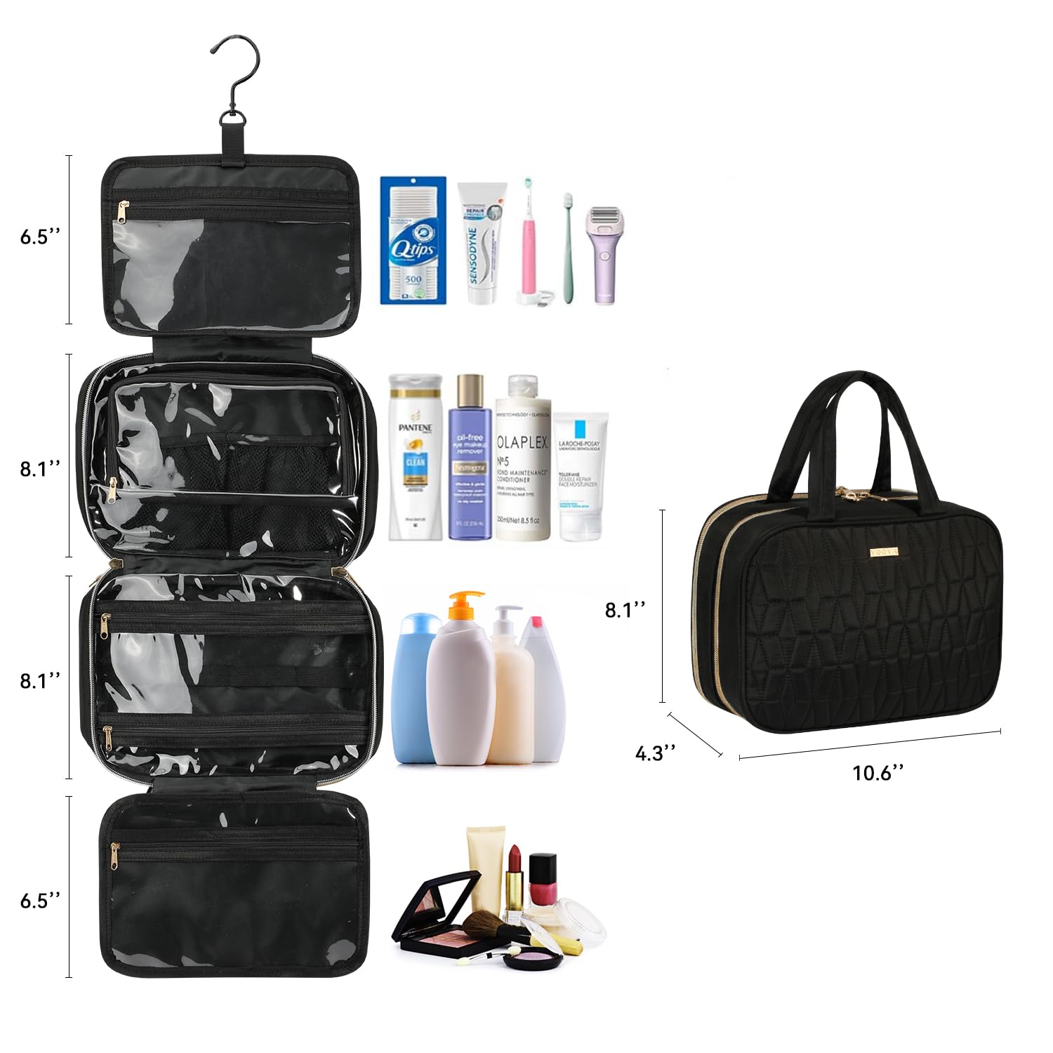 Voova Waterproof Hanging Travel Toiletry Bag for Women & Men - Large Cosmetic Organizer with Full-Sized Container & Brush Holder - Perfect for Shampoo, Makeup Essentials & Travel Accessories (Black) | Ideal for Camping, Gym, Business Trips & Vacation Packing