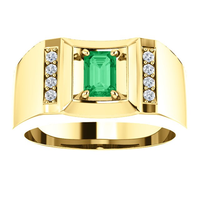 14KT Gold Men's Emerald and Diamond Accent Ring - 0.56ct Emerald & 0.12ctw Diamonds - Elegant Jewelry for Weddings, Anniversaries & Special Occasions