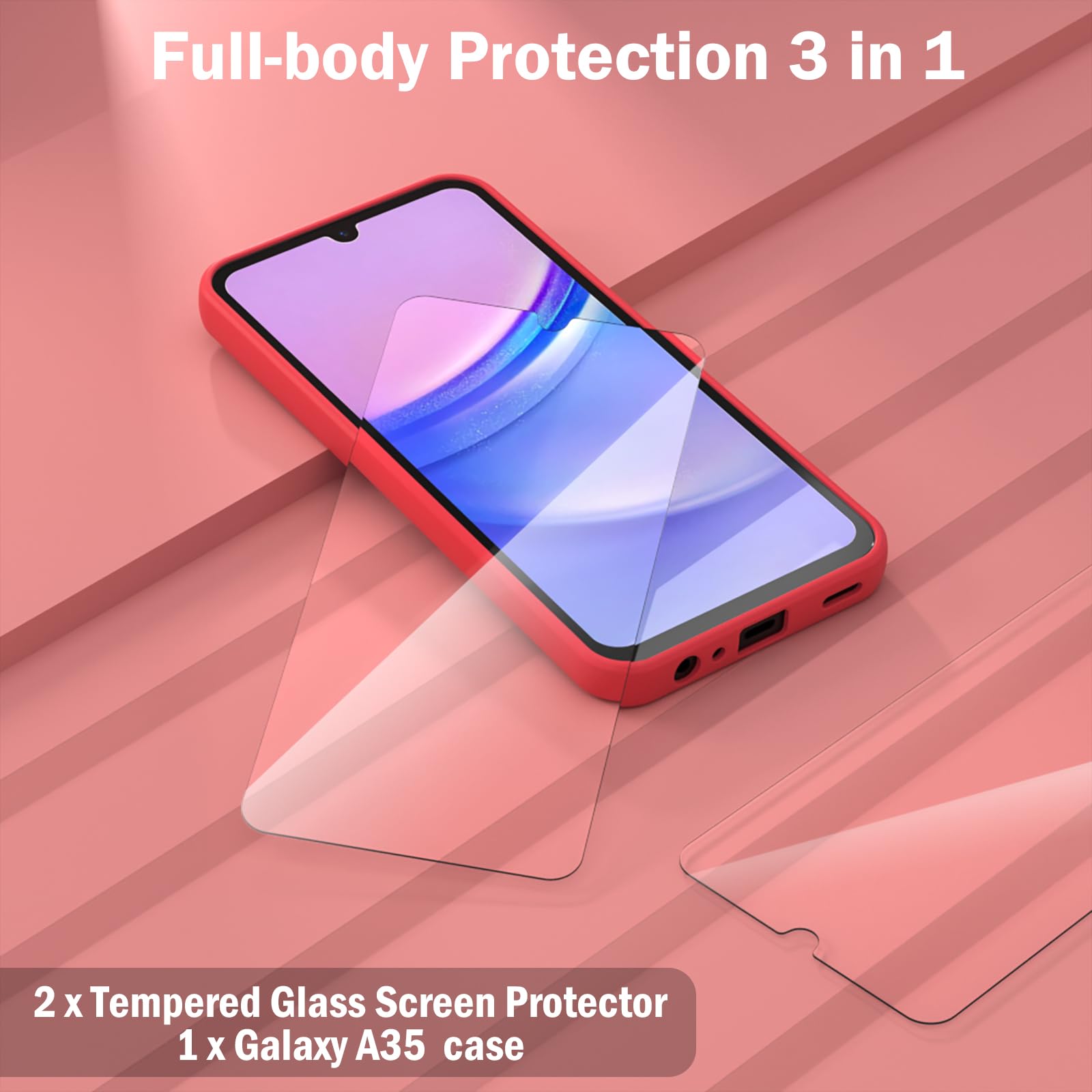 Giolus Slim Shockproof Case for Samsung Galaxy A35 5G with 2 Pack Screen Protector - Soft Anti-Scratch TPU Silicone Cover with Microfiber Lining | Perfect for Daily Protection & Outdoor Activities (Red)